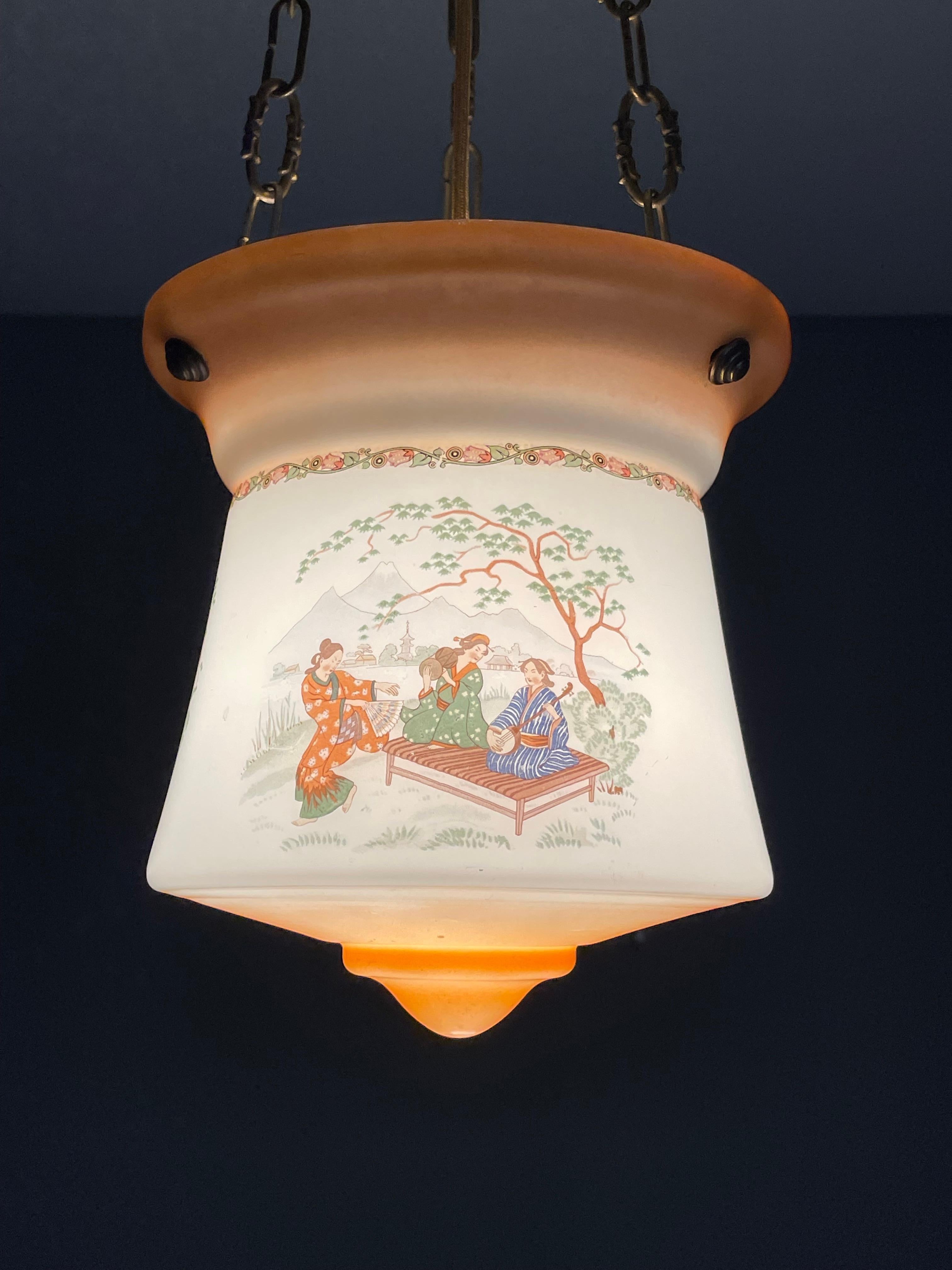 European Art Deco Japonisme Lantern Pendant W. Mount Fuji and Traditional Music Graphics For Sale