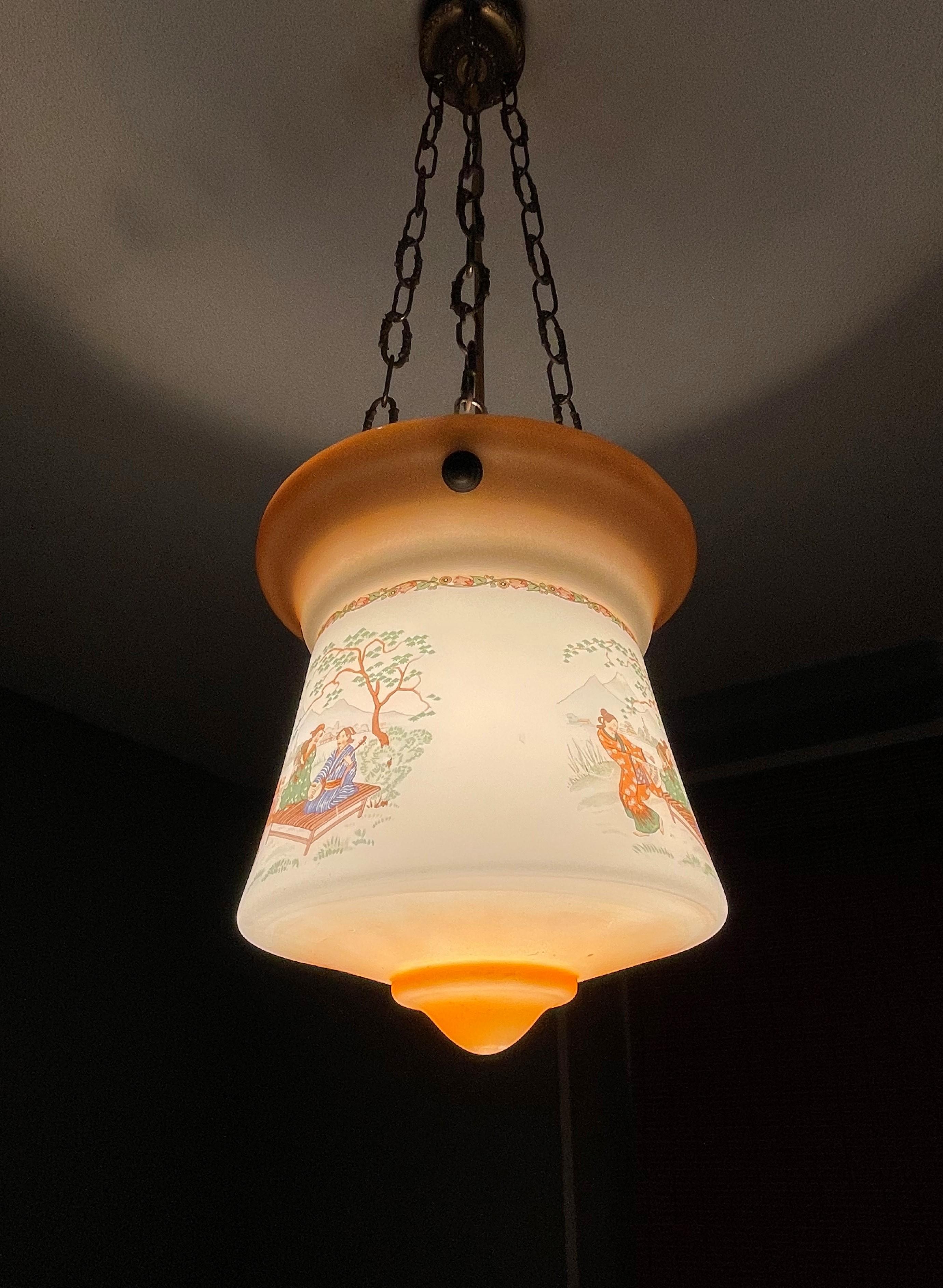 Painted Art Deco Japonisme Lantern Pendant W. Mount Fuji and Traditional Music Graphics For Sale