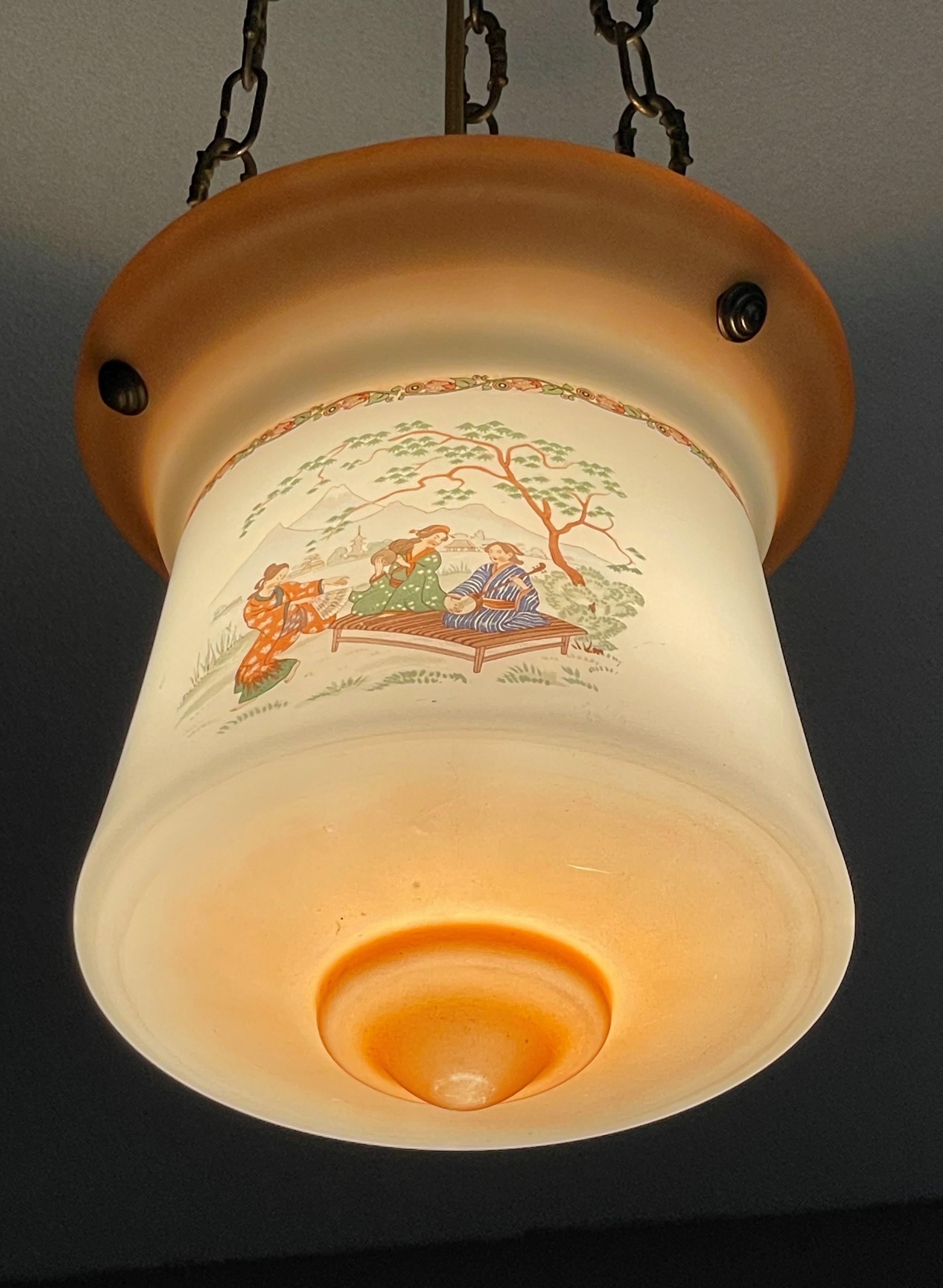 Bronze Art Deco Japonisme Lantern Pendant W. Mount Fuji and Traditional Music Graphics For Sale