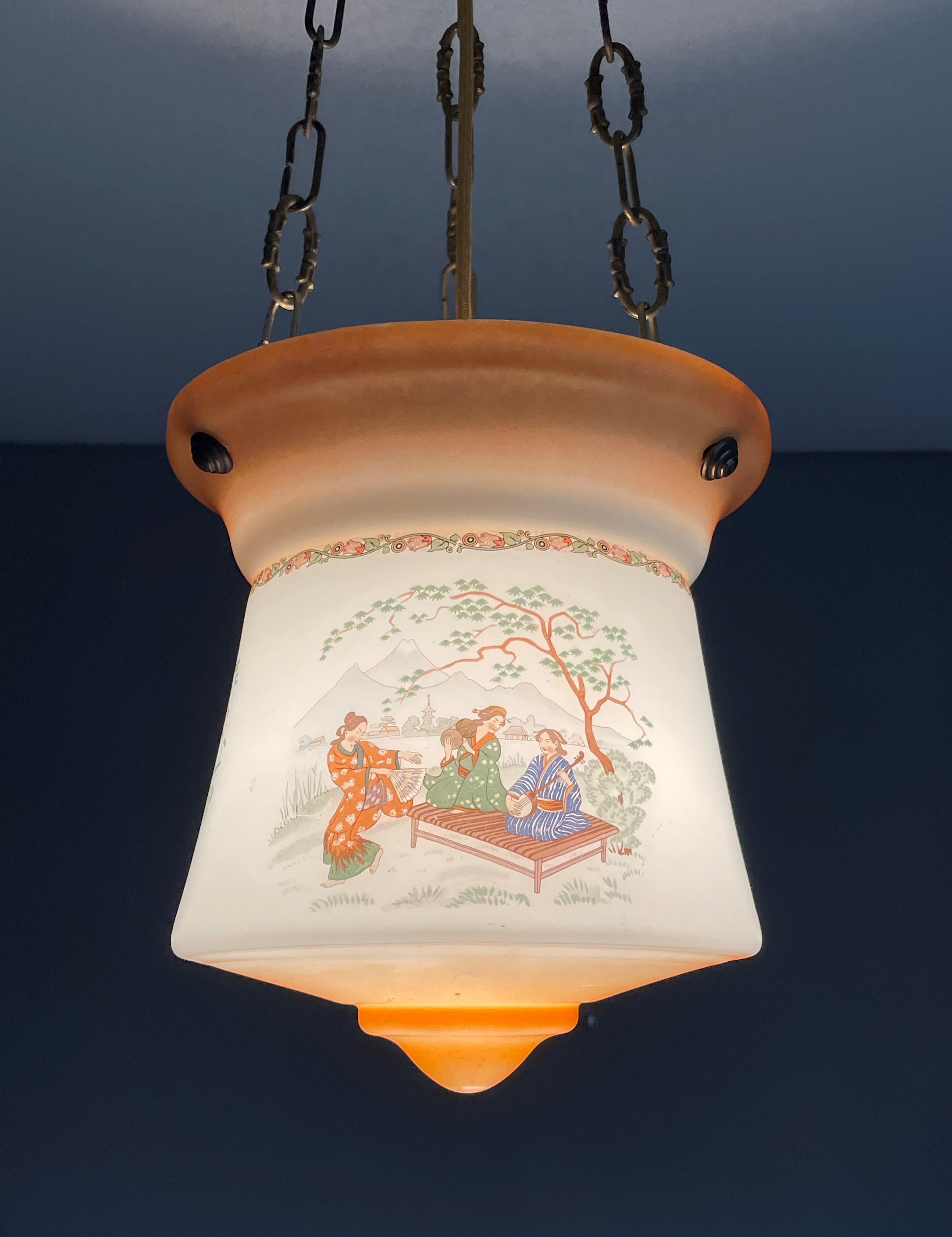 Art Deco Japonisme Lantern Pendant W. Mount Fuji and Traditional Music Graphics For Sale 1