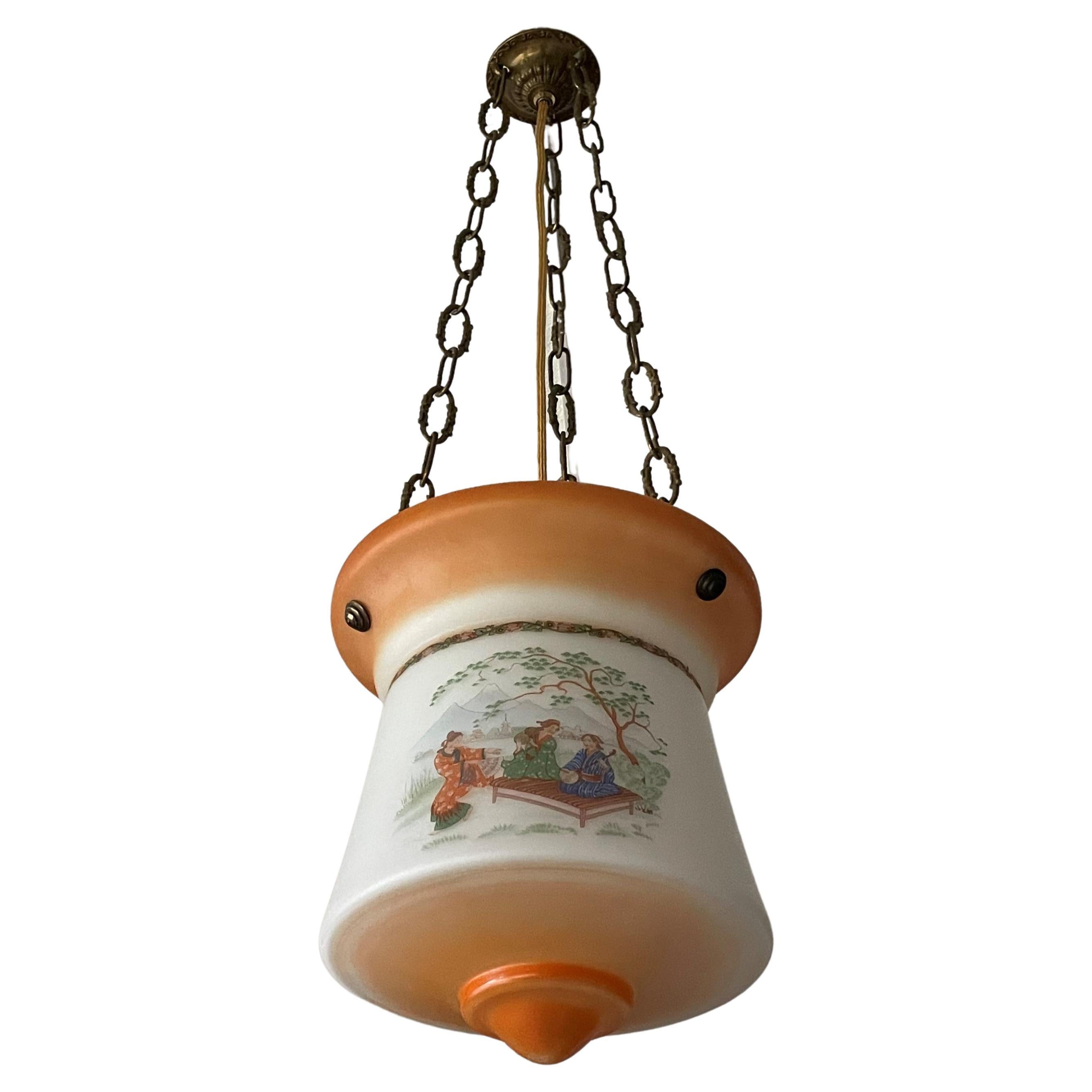 Art Deco Japonisme Lantern Pendant W. Mount Fuji and Traditional Music Graphics For Sale