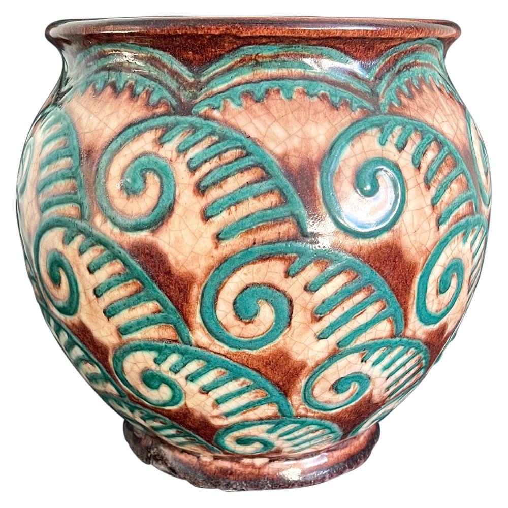 Art Deco Jardiniere/Vase with Fern Tendril Motif by Sevres, Blue-Green & Brown