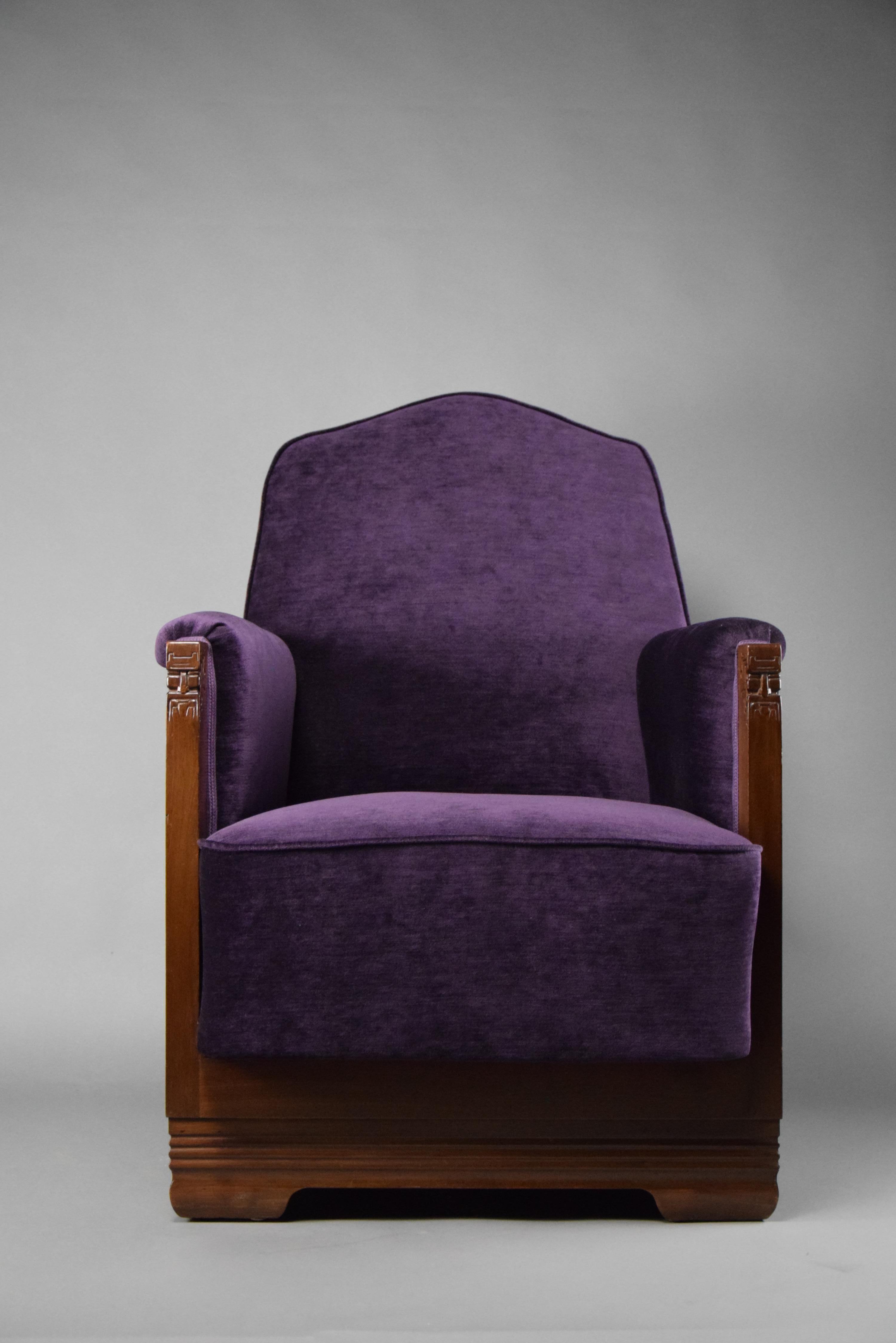 Art Deco Jatoba Wood and Purple Velvet Lounge Chair For Sale 5