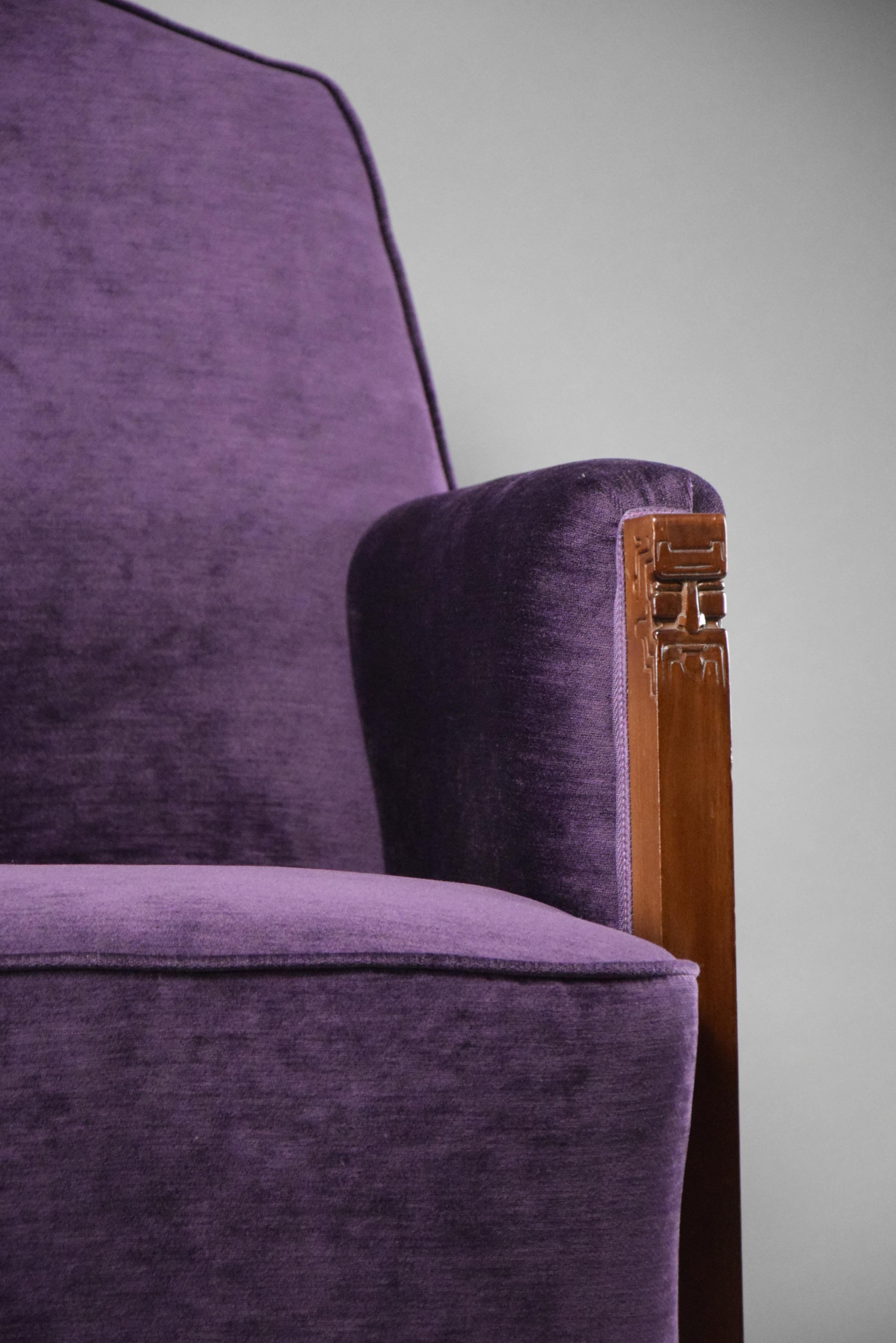 Dutch Art Deco Jatoba Wood and Purple Velvet Lounge Chair For Sale