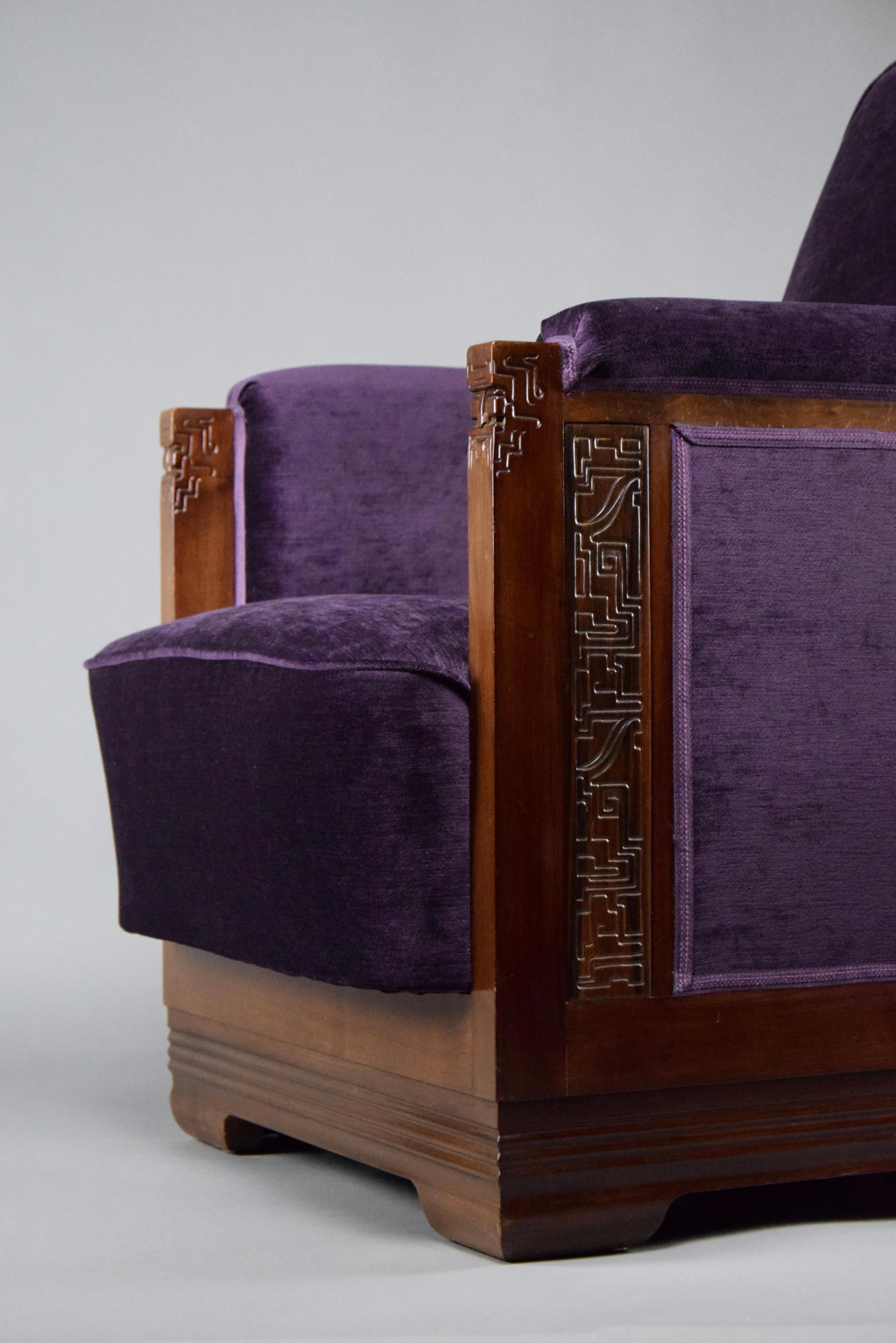 Sillón Art Decó de Madera de Jatoba y Terciopelo Morado en Bueno estado para la venta en Weesp, NL