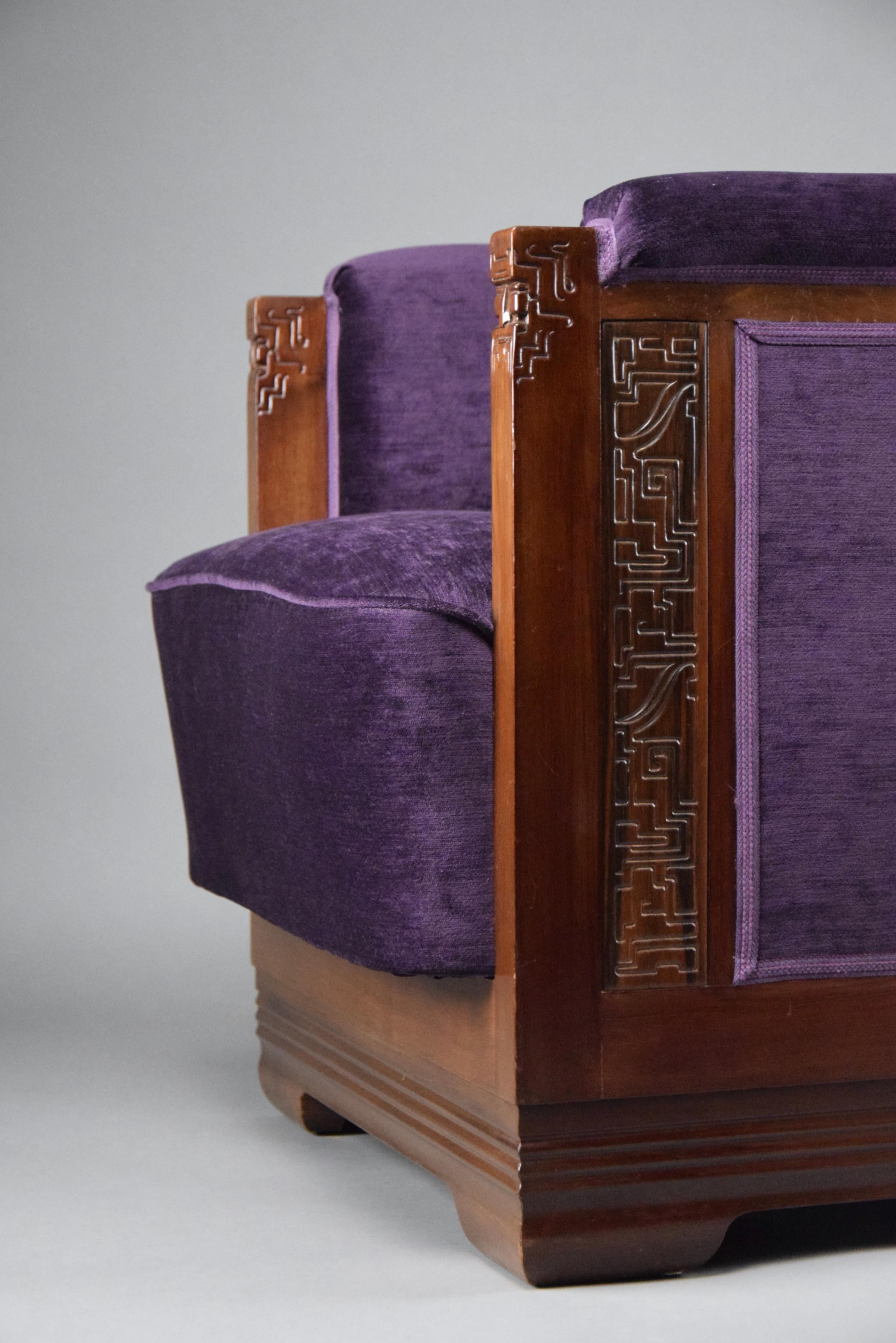 Mid-20th Century Art Deco Jatoba Wood and Purple Velvet Lounge Chair For Sale