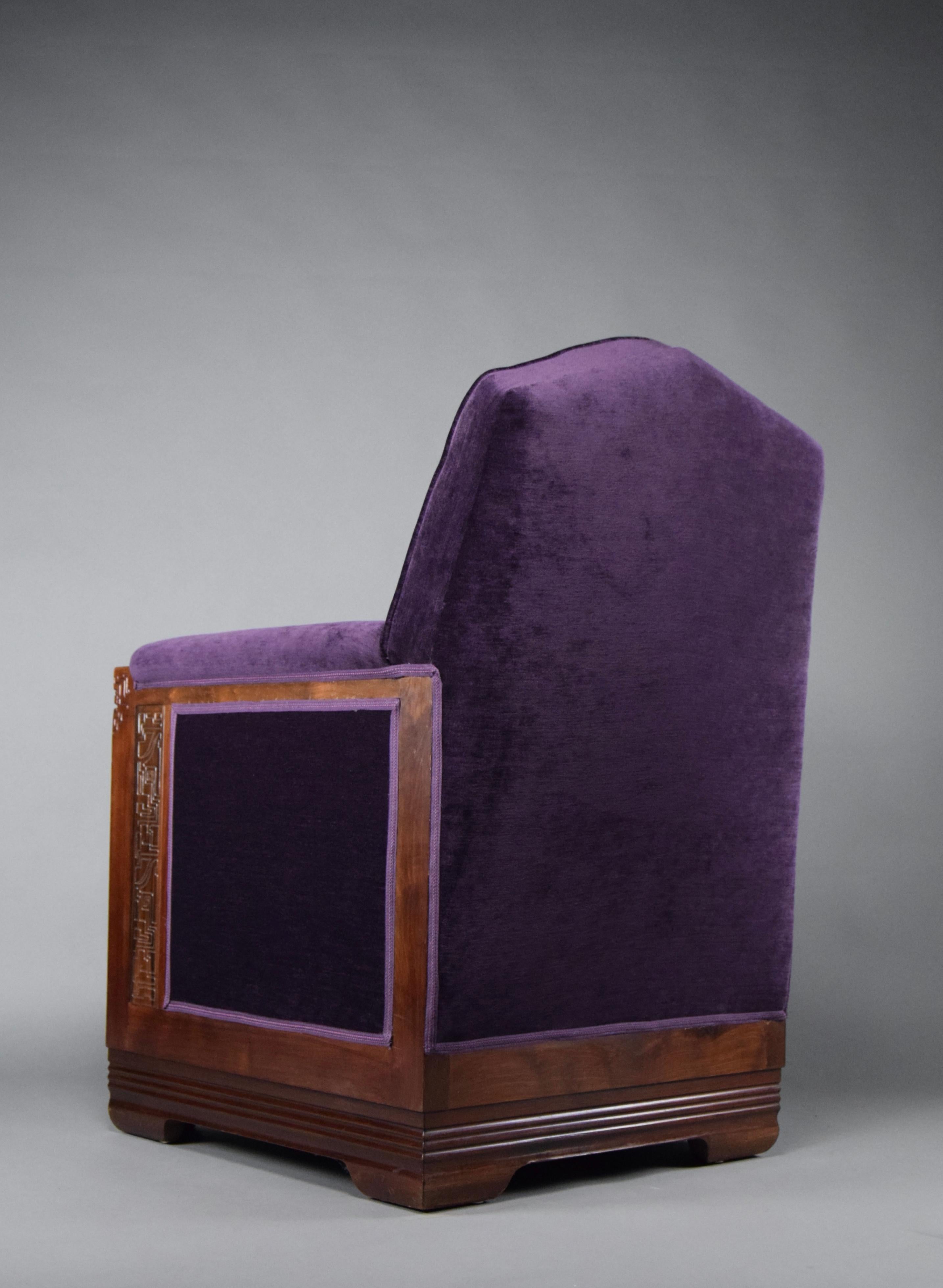 Art Deco Jatoba Wood and Purple Velvet Lounge Chair For Sale 1