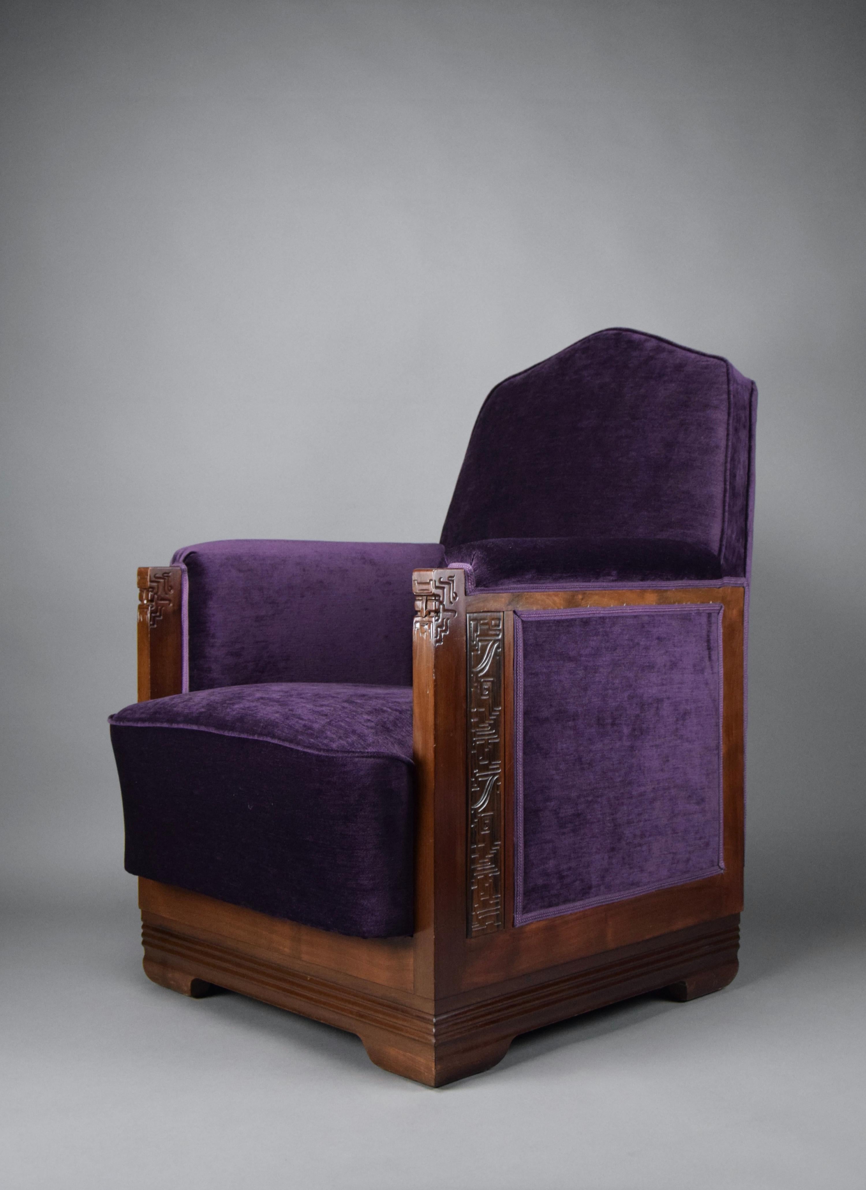 Art Deco Jatoba Wood and Purple Velvet Lounge Chair For Sale 2