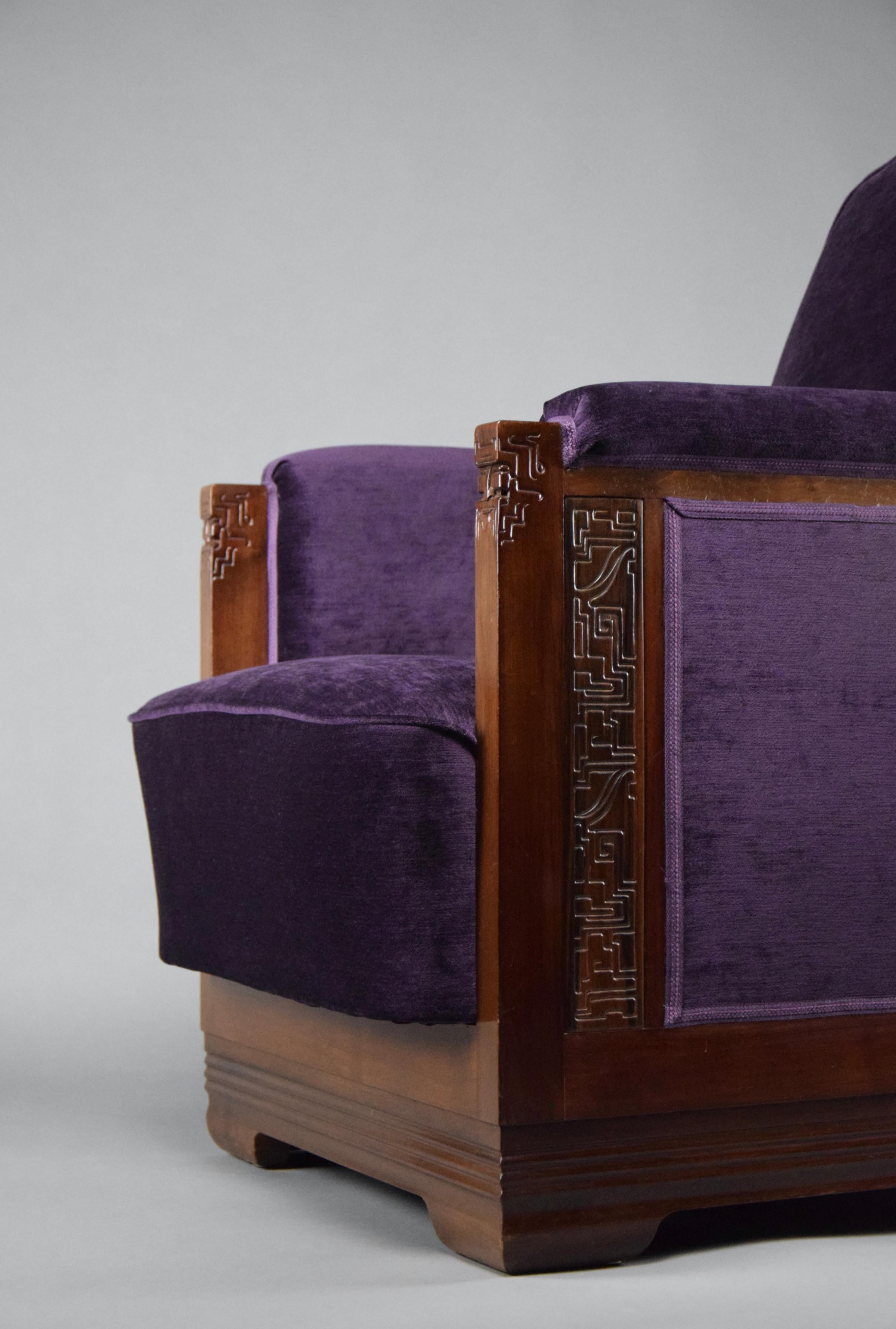 Art Deco Jatoba Wood and Purple Velvet Lounge Chair For Sale 3