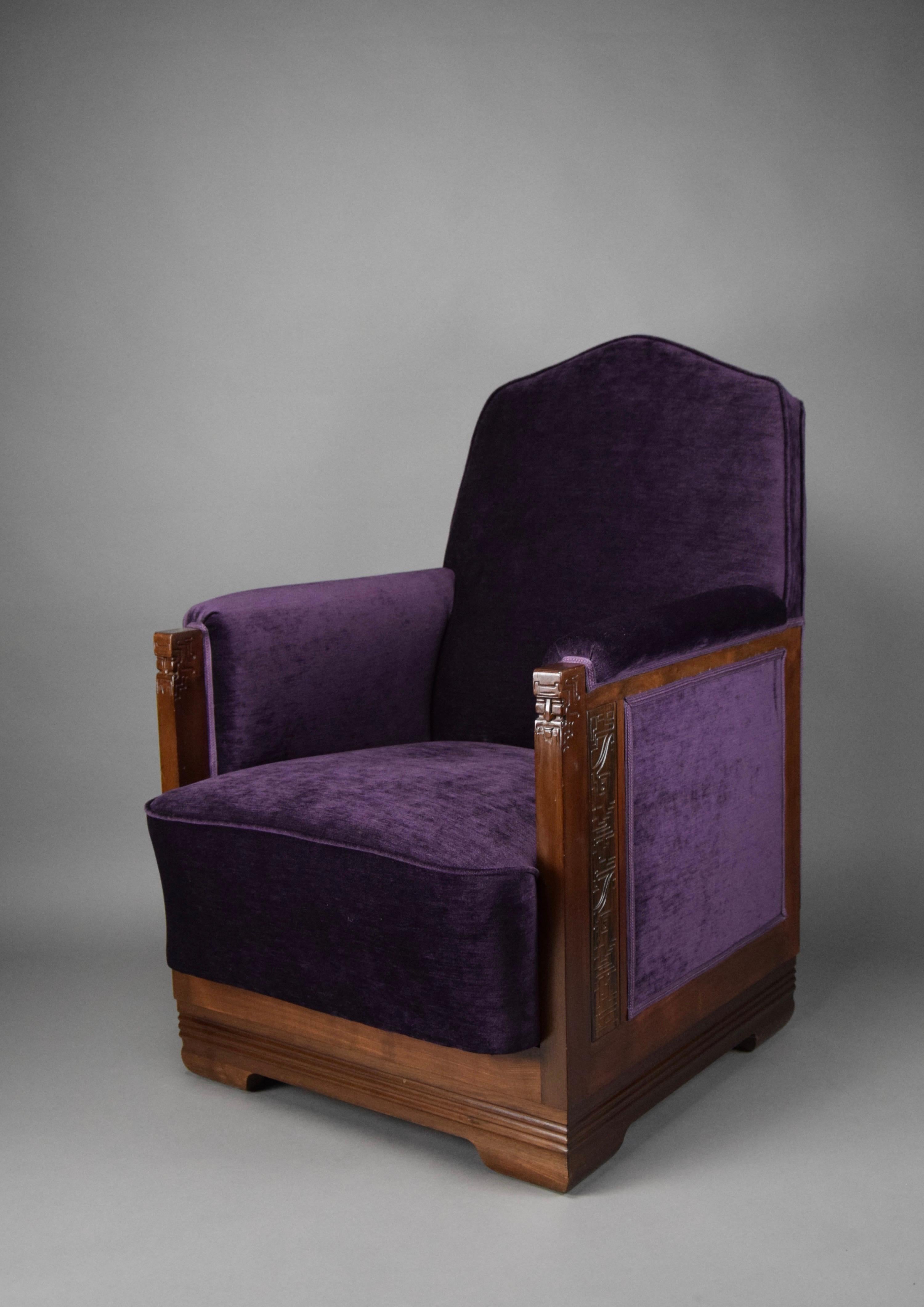 Sillón Art Decó de Madera de Jatoba y Terciopelo Morado en venta 4