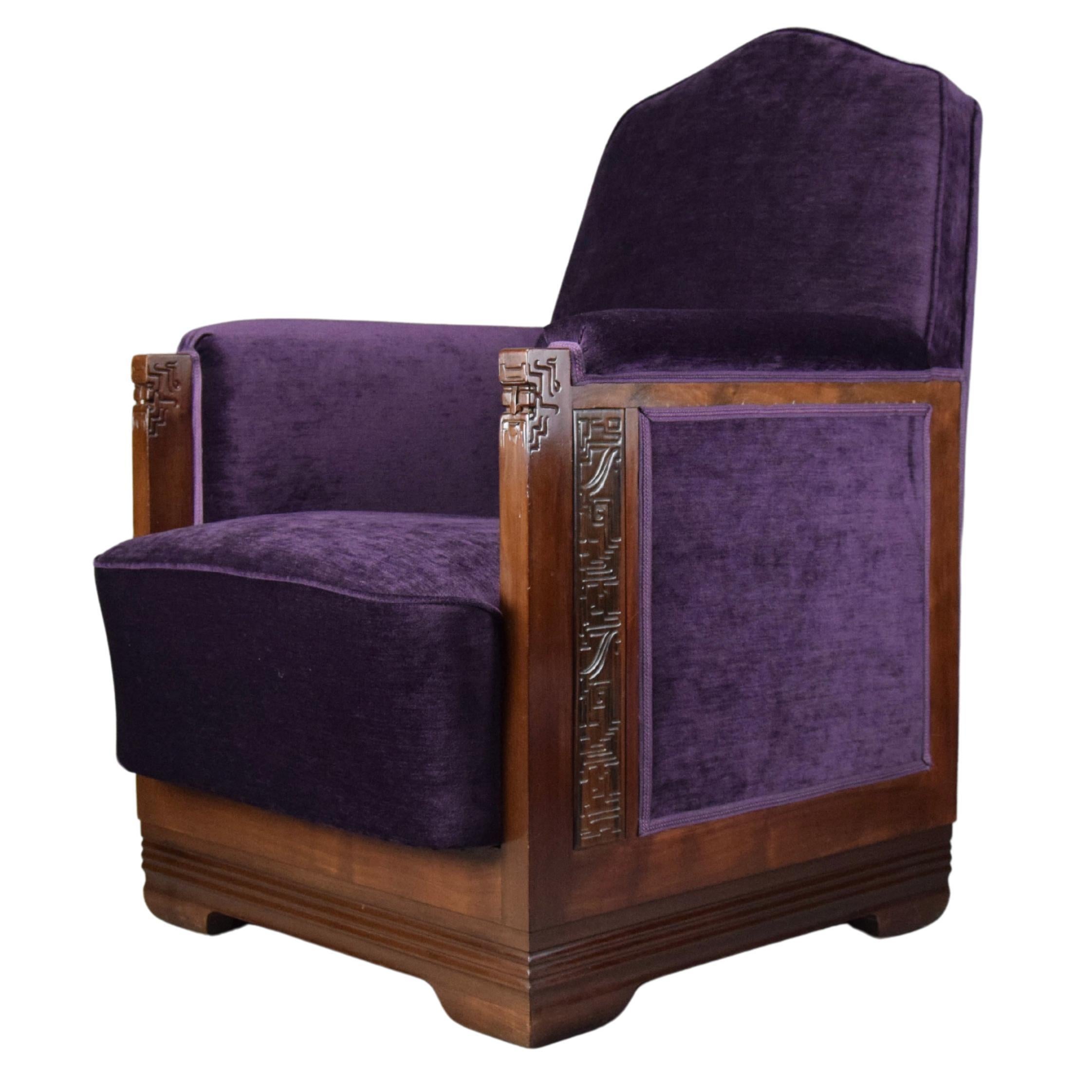 Art Deco Jatoba Holz und lila Samt Lounge Chair