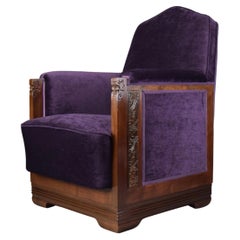 Art Deco Jatoba Wood and Purple Velvet Lounge Chair