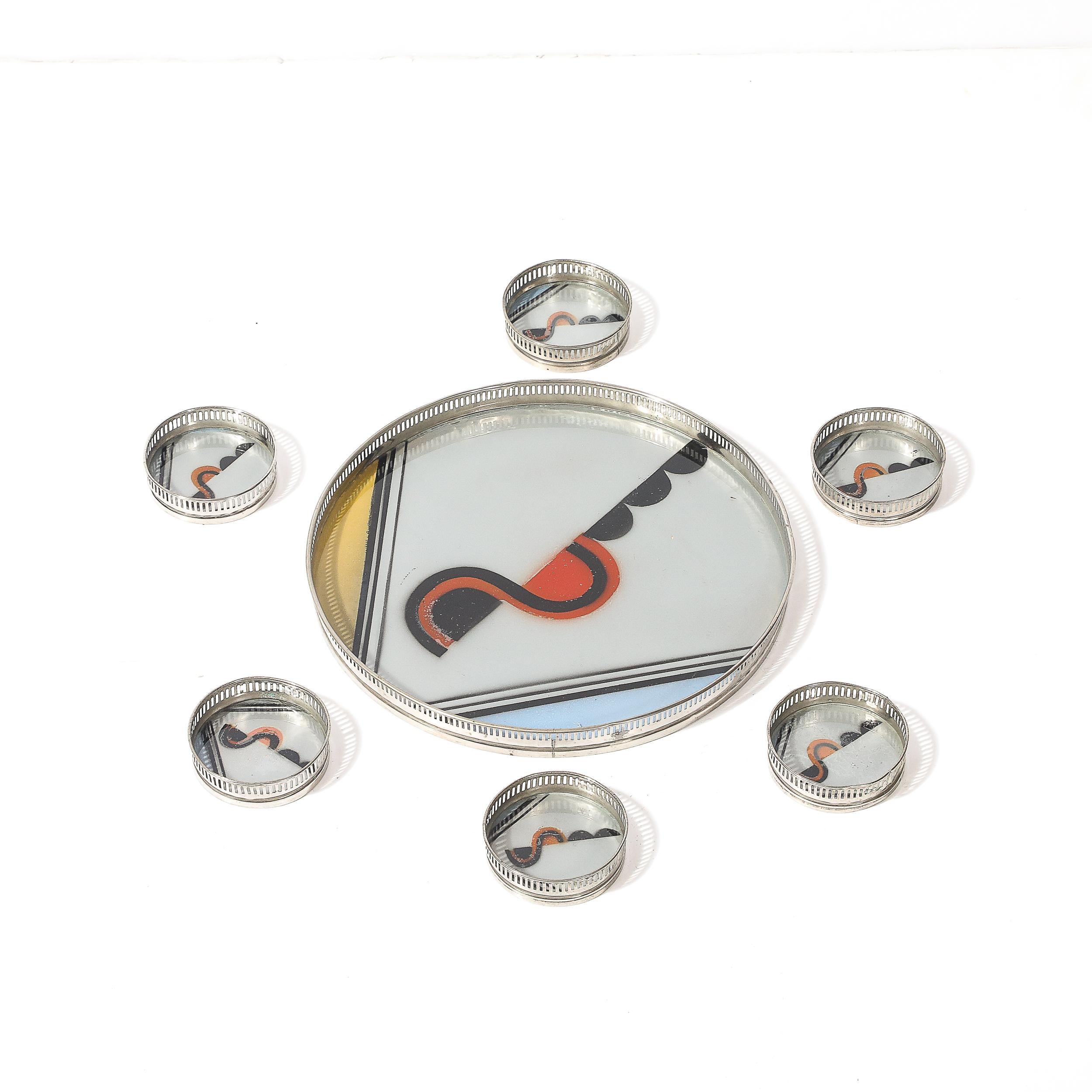 Juego de bandeja y posavasos cromados Art Decó Jazz Age Eglomise en venta 9