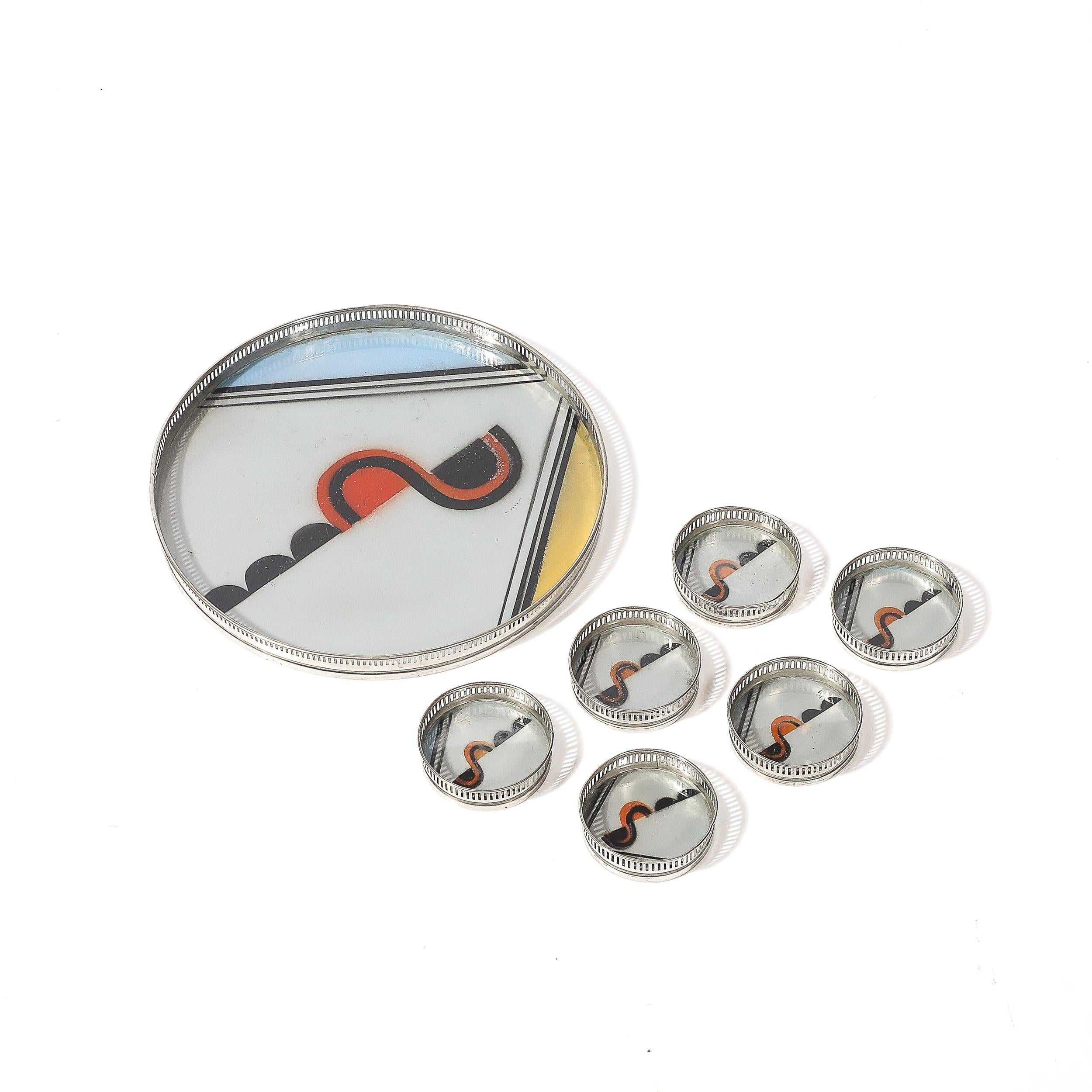 Juego de bandeja y posavasos cromados Art Decó Jazz Age Eglomise Estadounidense en venta