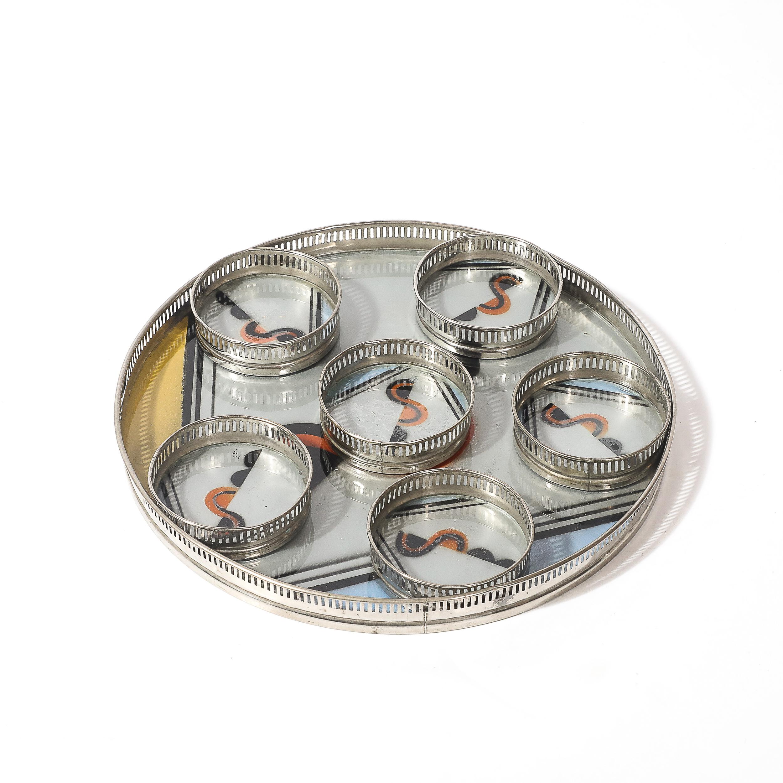 Juego de bandeja y posavasos cromados Art Decó Jazz Age Eglomise en Bueno estado para la venta en New York, NY