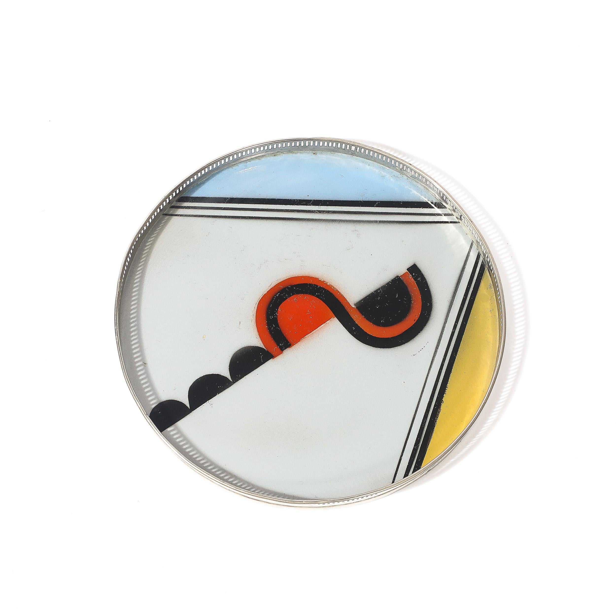 Juego de bandeja y posavasos cromados Art Decó Jazz Age Eglomise mediados del siglo XX en venta