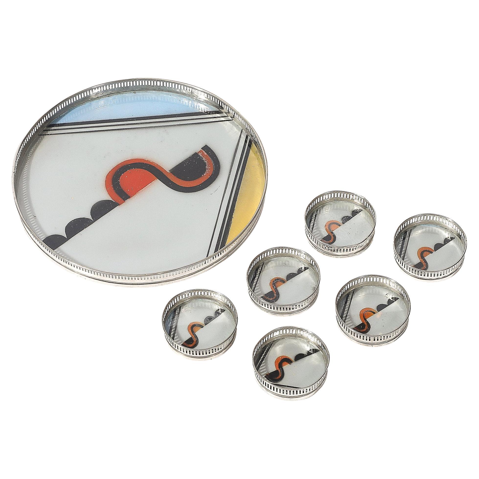 Art Deco Jazz Age Eglomise Chrome Tray & Coaster Set