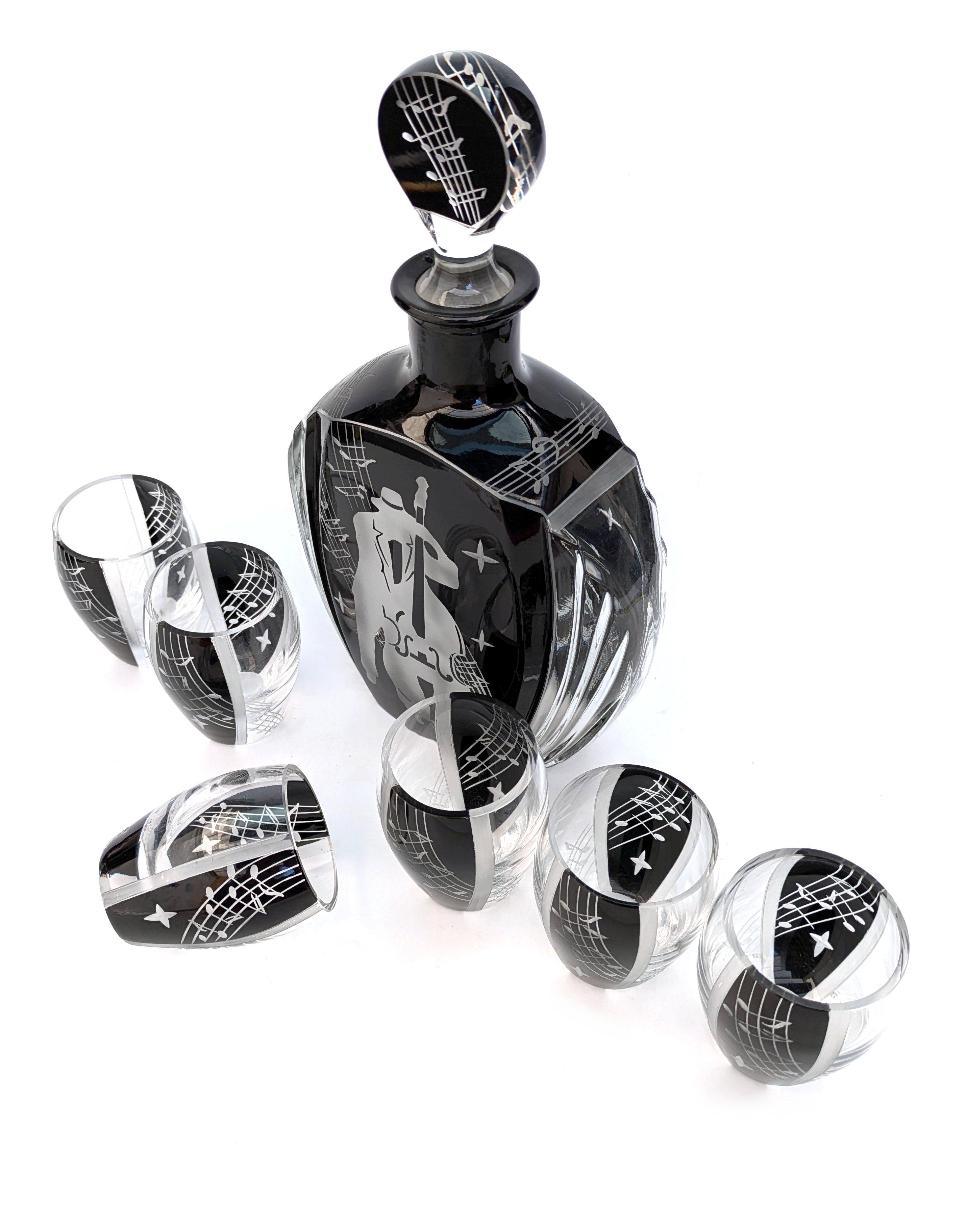 Art Deco 'Jazz Man' Glass Decanter Set with 6 Matching Glasses, c1930 For Sale 4