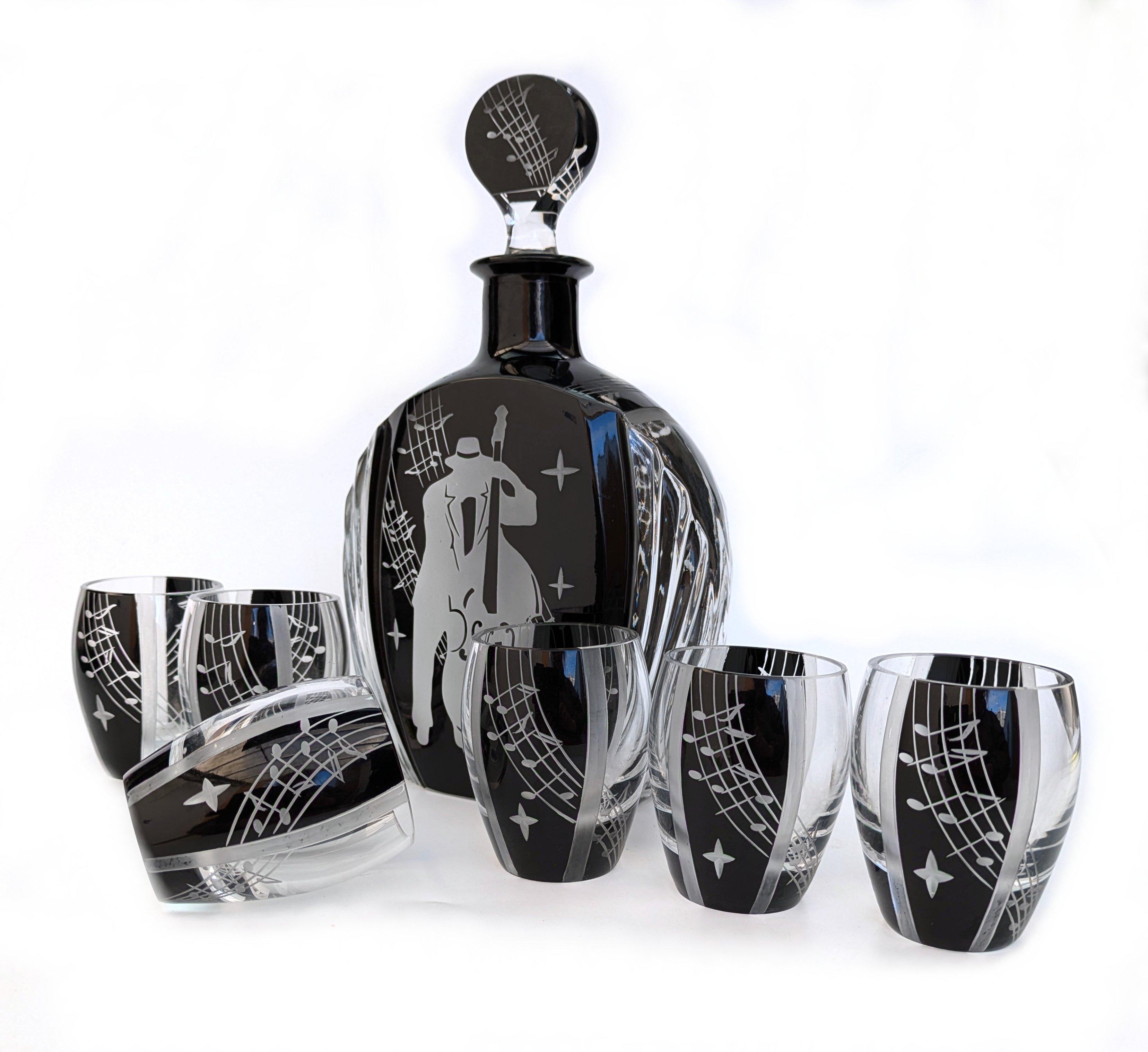Art Deco 'Jazz Man' Glass Decanter Set with 6 Matching Glasses, c1930 For Sale 5