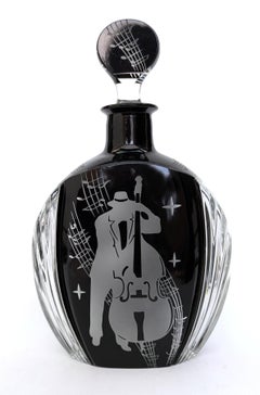 Art Deco 'Jazz Man' Glass Decanter Set with 6 Matching Glasses, c1930