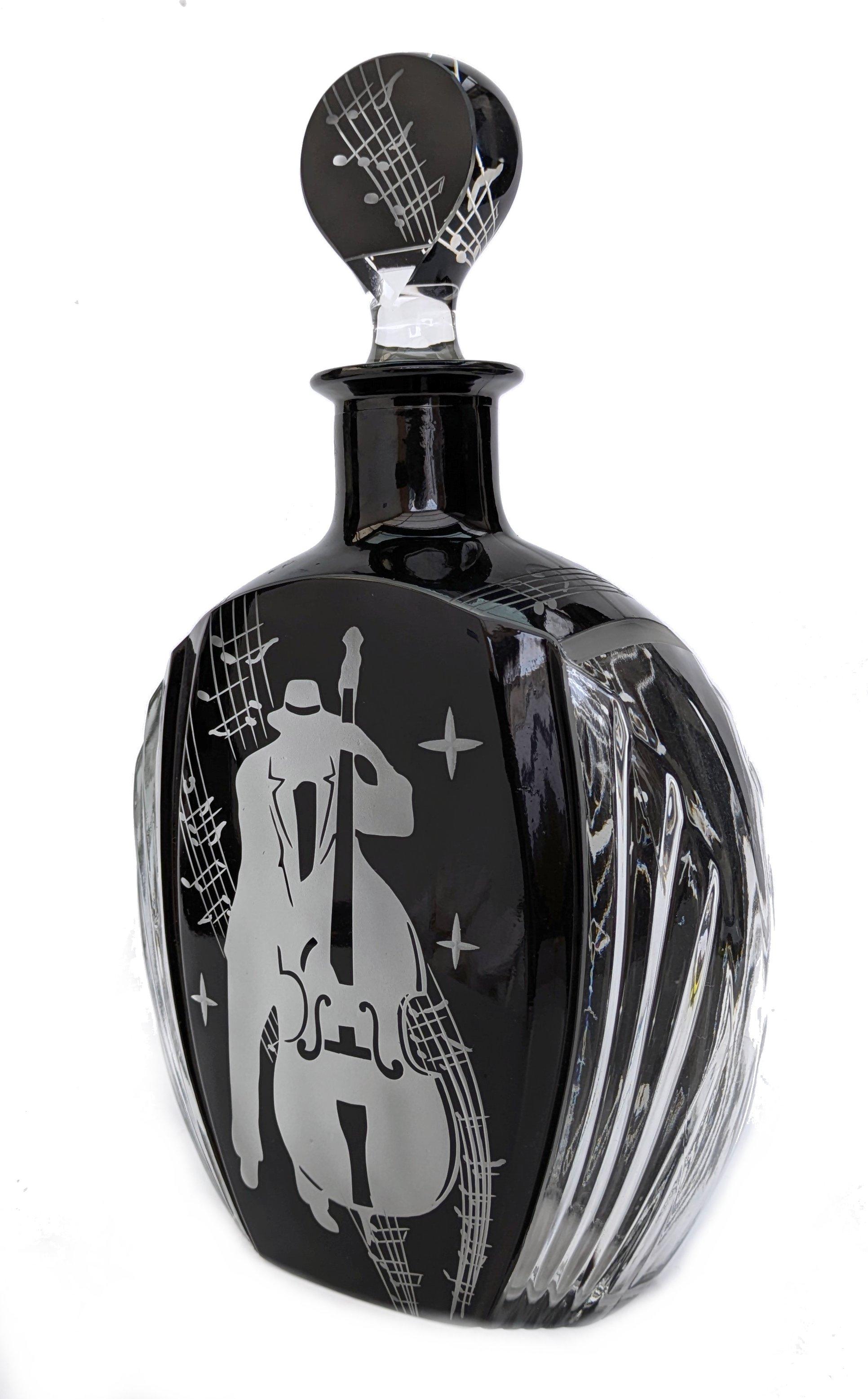 Czech Art Deco 'Jazz Man' Glass Decanter Set with 6 Matching Glasses, c1930 For Sale