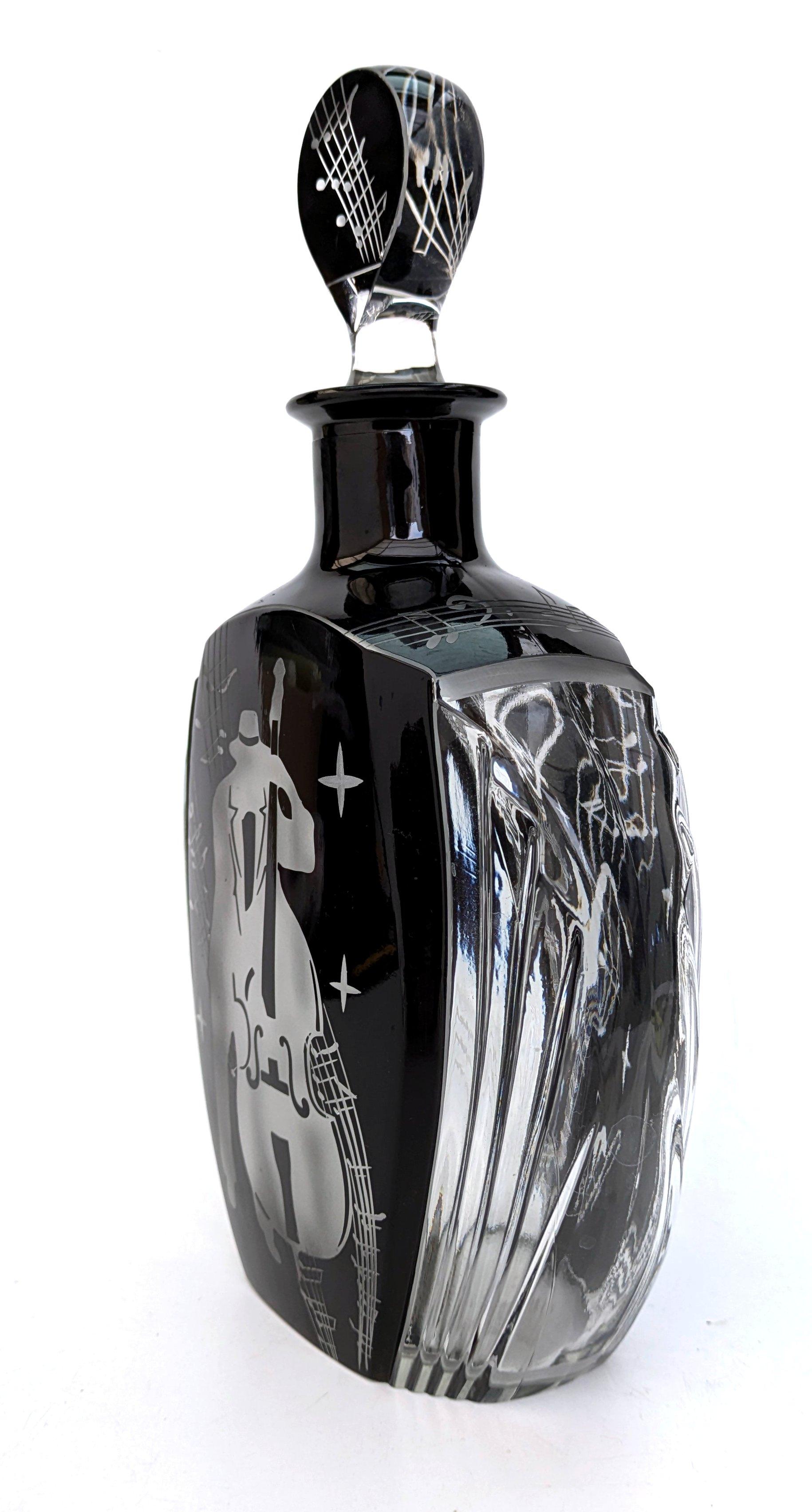 Enameled Art Deco 'Jazz Man' Glass Decanter Set with 6 Matching Glasses, c1930 For Sale