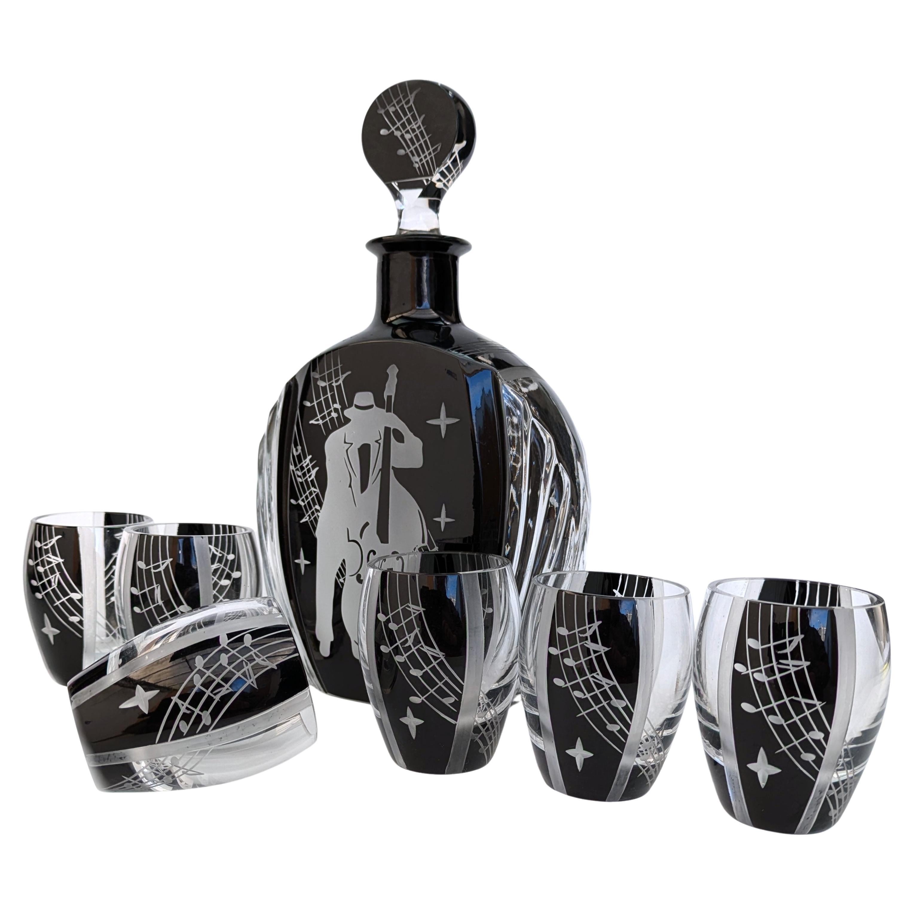 Set di decanter in vetro Art Deco 'Jazz Man' con 6 bicchieri abbinati, 1930 ca.