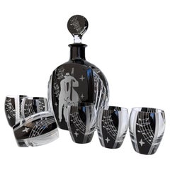 Art Deco 'Jazz Man' Glass Decanter Set with 6 Matching Glasses, c1930
