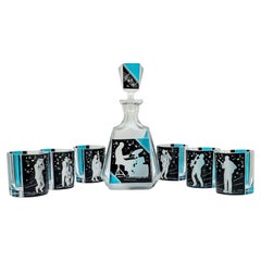 Glas-Dekanter-Set „Jazz Man“ aus dem Art déco-Stil mit 6 passenden Gläsern, um 1930