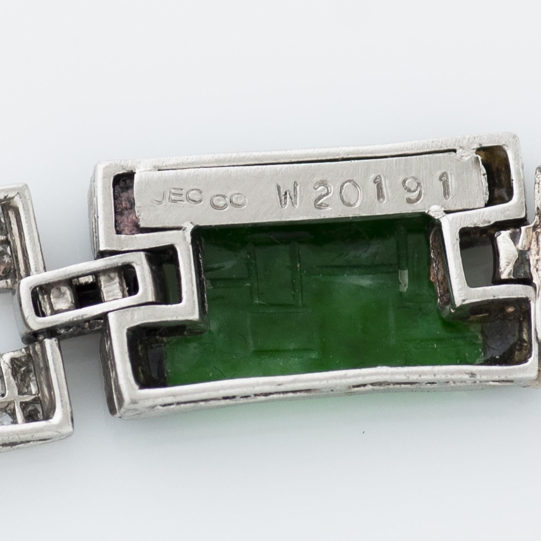 Single Cut Art Deco J.E. Caldwell & Co. Carved Jade, Onyx and Diamond Bracelet in Platinum For Sale