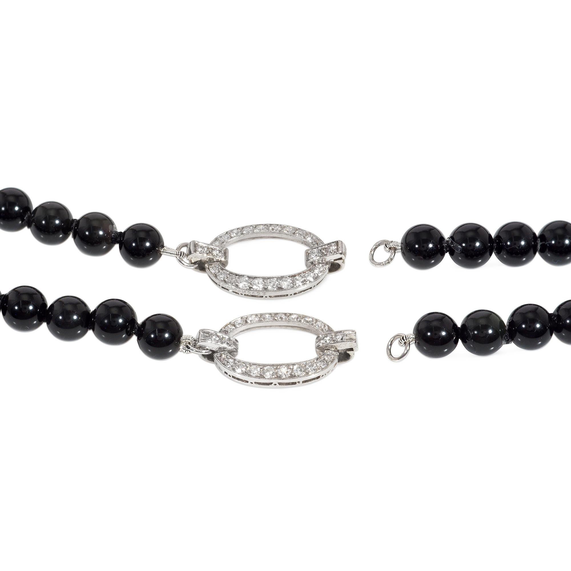Taglio rotondo Art Deco J.E. Collana di diamanti e perline di ossidiana convertibile Caldwell in vendita