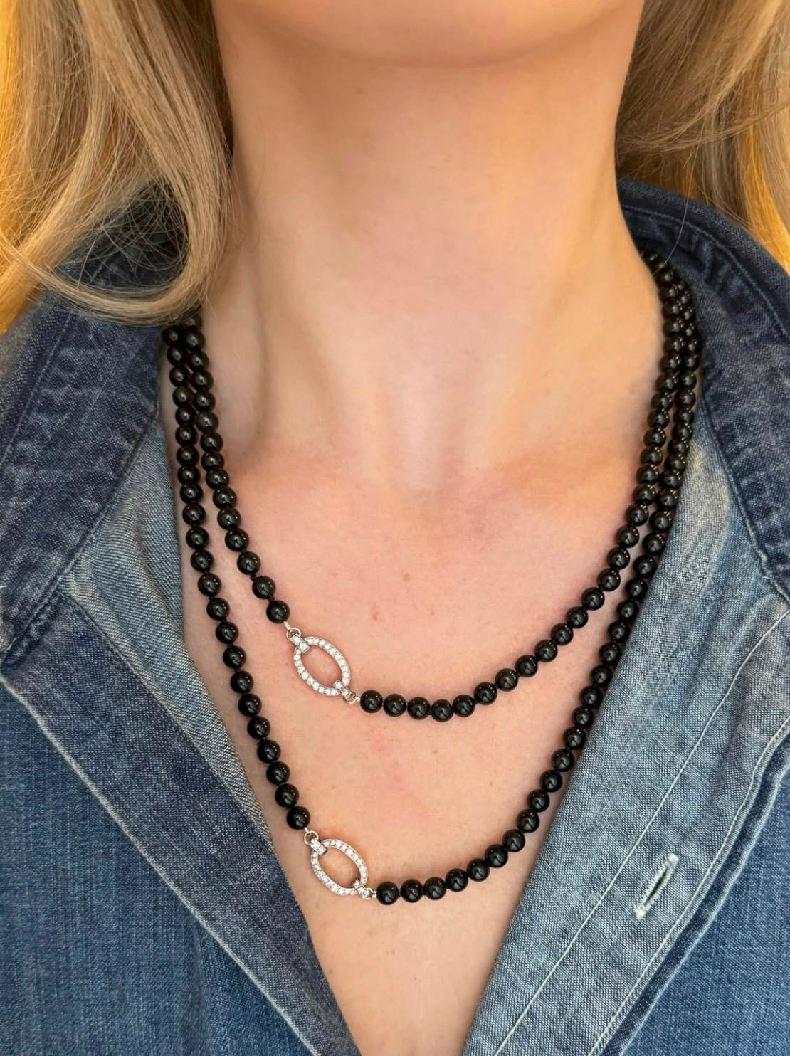 Art Deco J.E. Collana di diamanti e perline di ossidiana convertibile Caldwell in vendita 2
