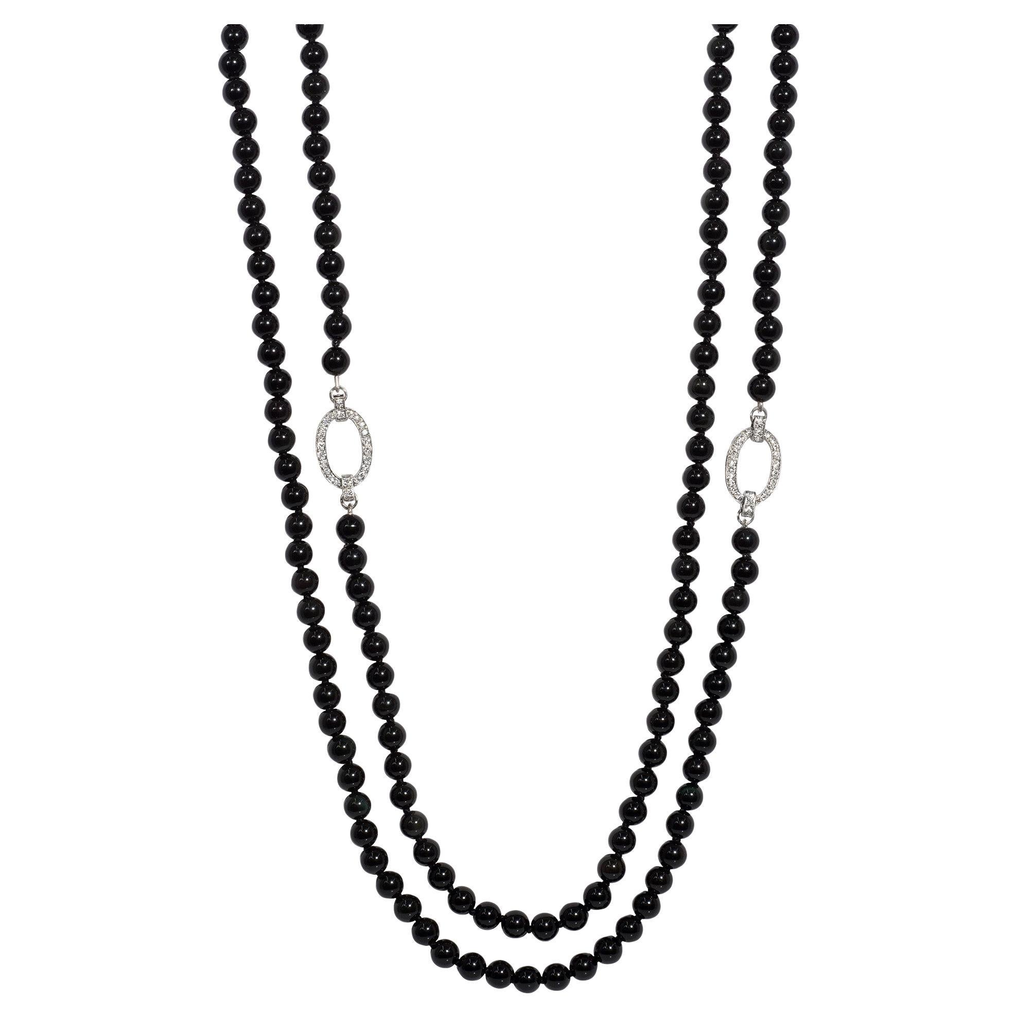 Art Deco J.E. Collana di diamanti e perline di ossidiana convertibile Caldwell in vendita