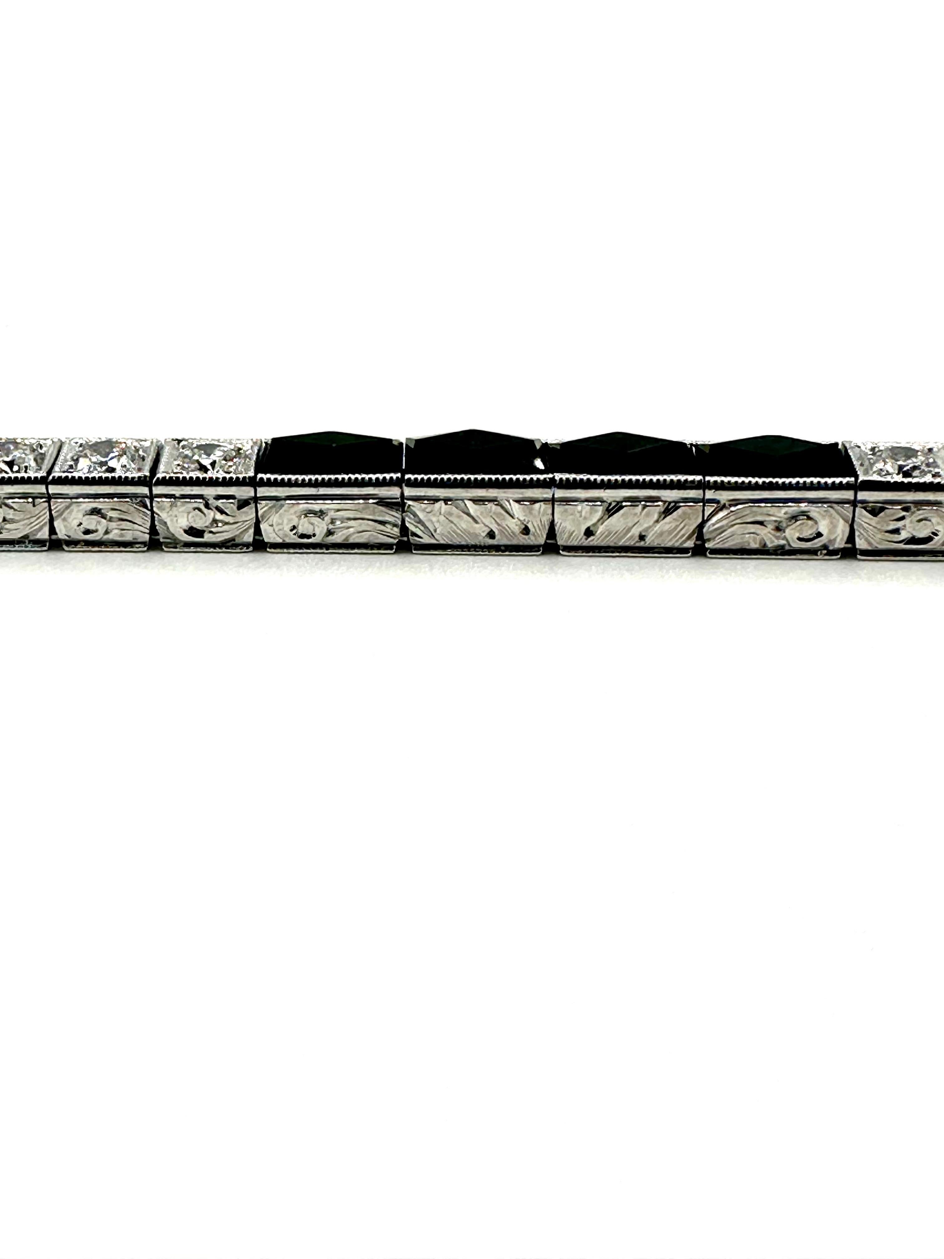 Round Cut Art Deco J.E. Caldwell Diamond and Onyx Platinum Line Bracelet  For Sale