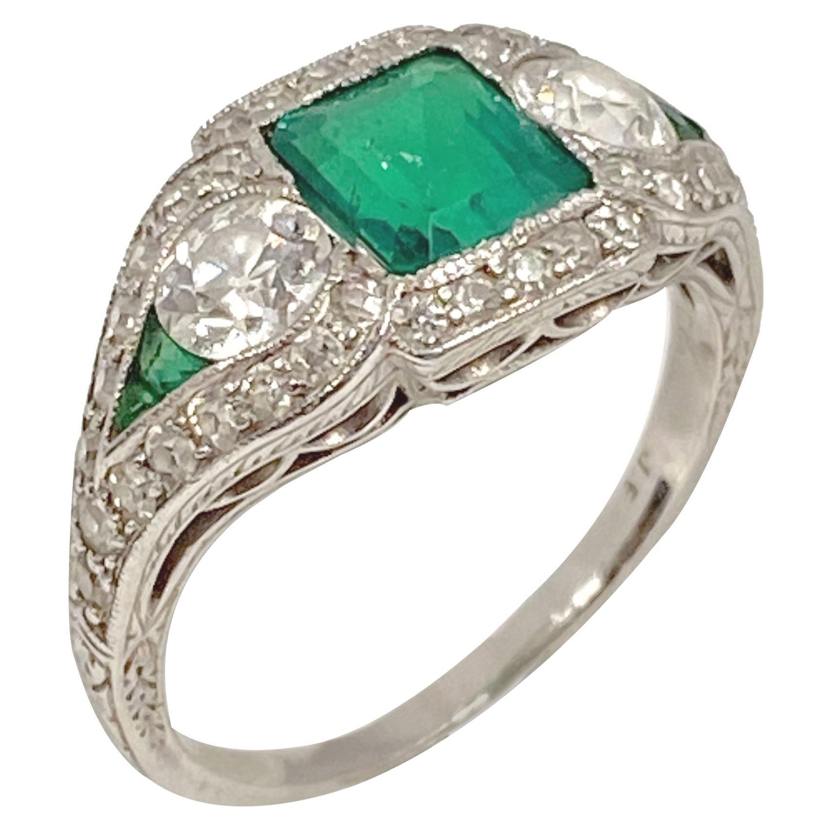 Art Deco J.E. Caldwell Oscar Heyman Emerald Diamond Platinum Ring For Sale