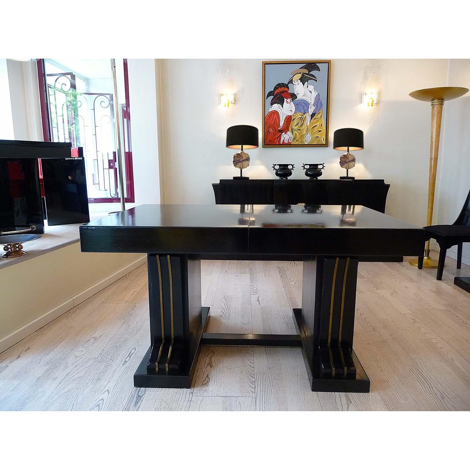 Lacquered Art Deco Jean Pascaud Dining Set Table and Six Chairs, France, 1930s For Sale