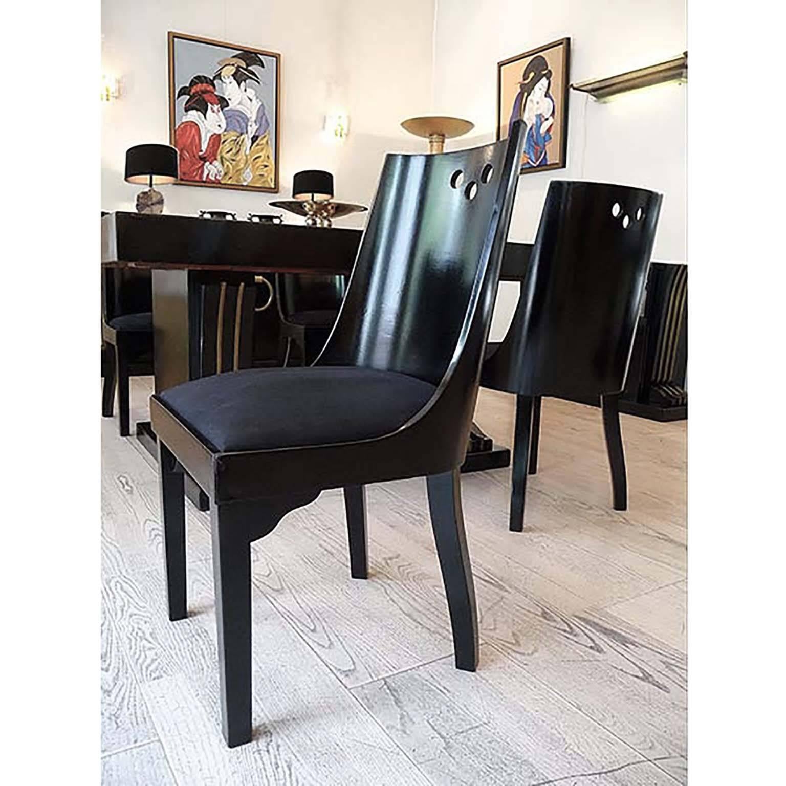 Lacquered Art Deco Jean Pascaud Gondola Dining Chairs, France, circa 1933 For Sale