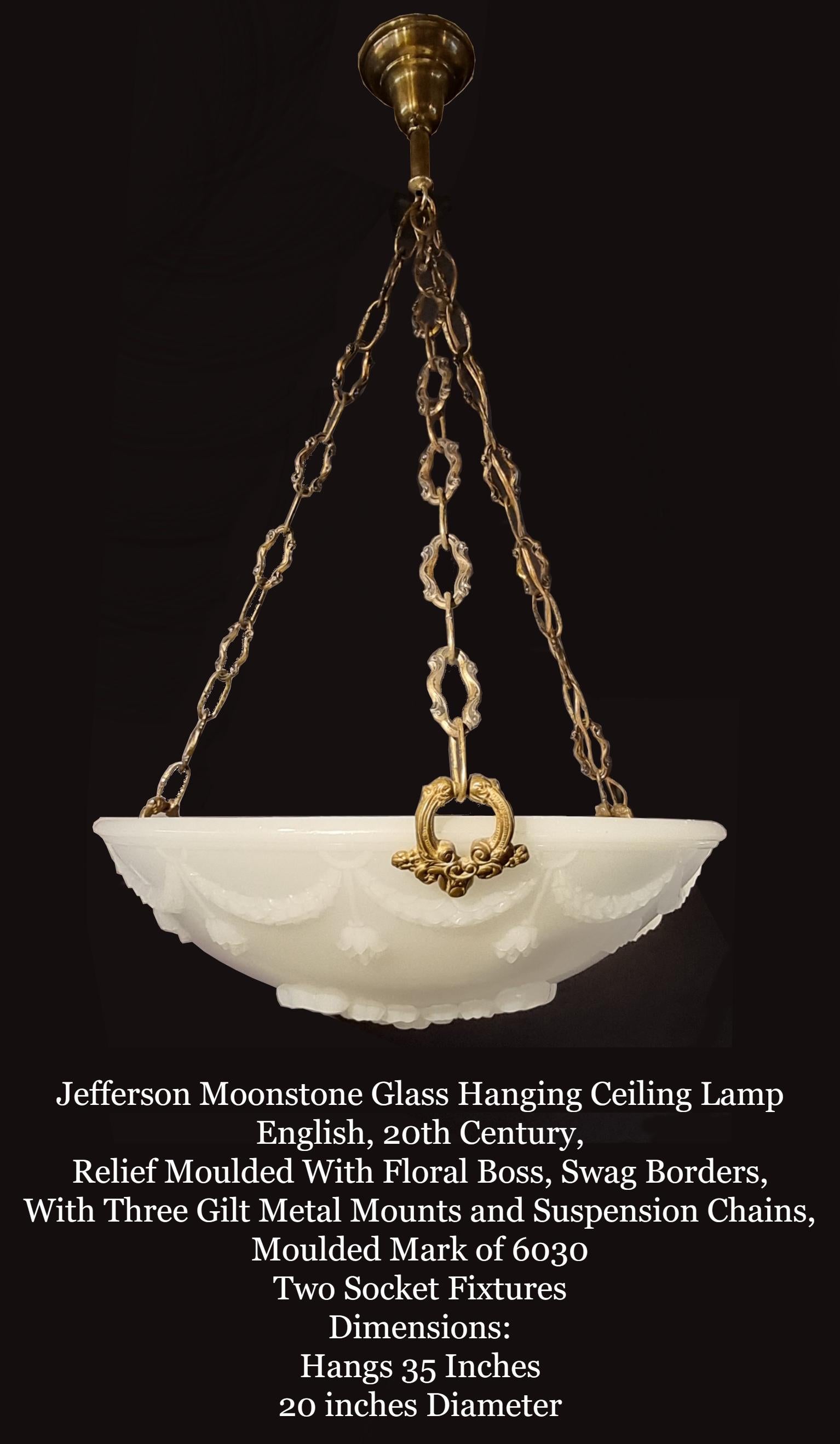 Jefferson Moonstone Glass Hanging Ceiling Lamp English, 20th Century In Good Condition For Sale In Ottawa, Ontario
