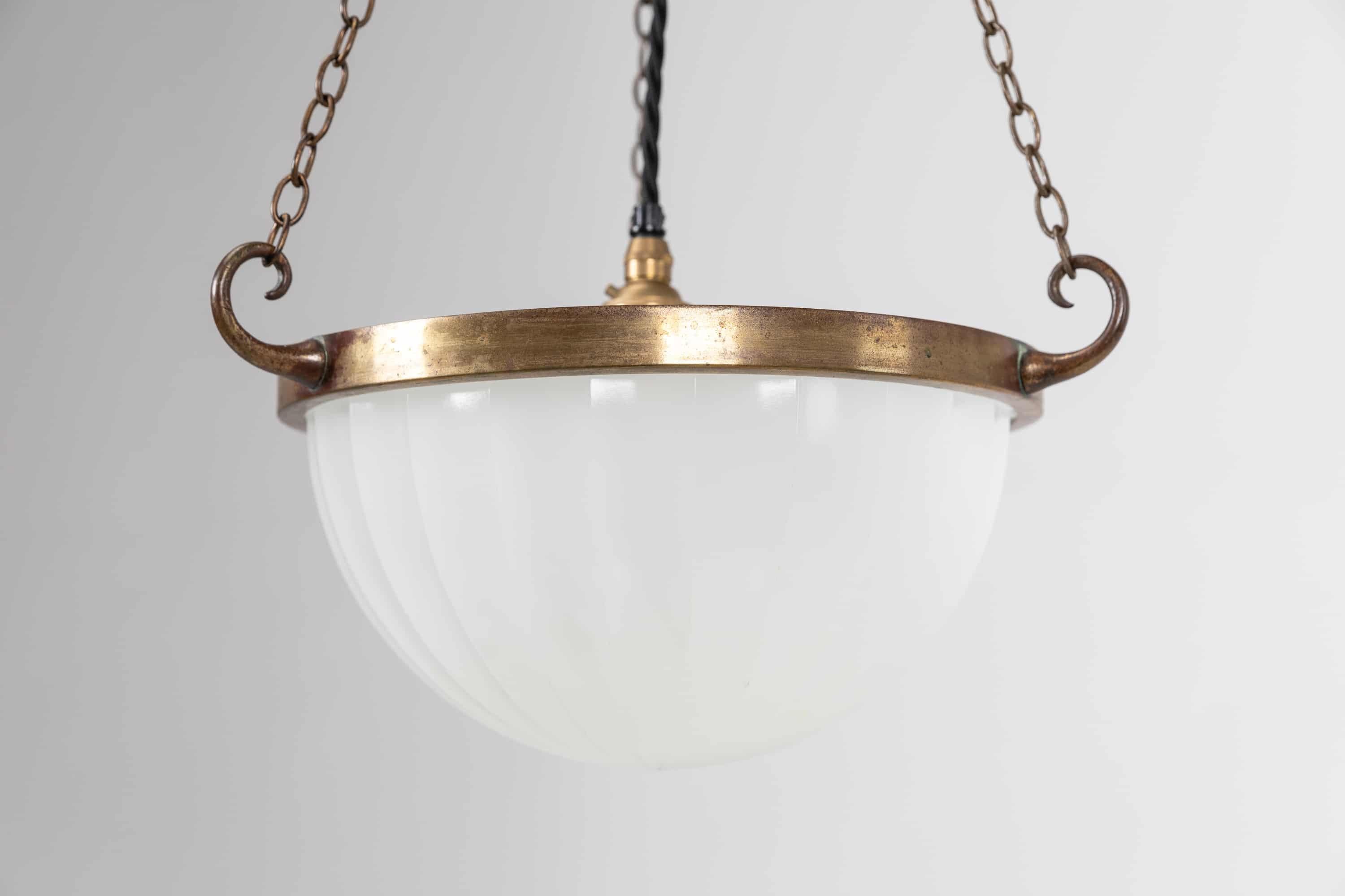 Brass Art Deco Jefferson 'Moonstone' Milk Glass Plafonnier Lamp Pendant, c.1930