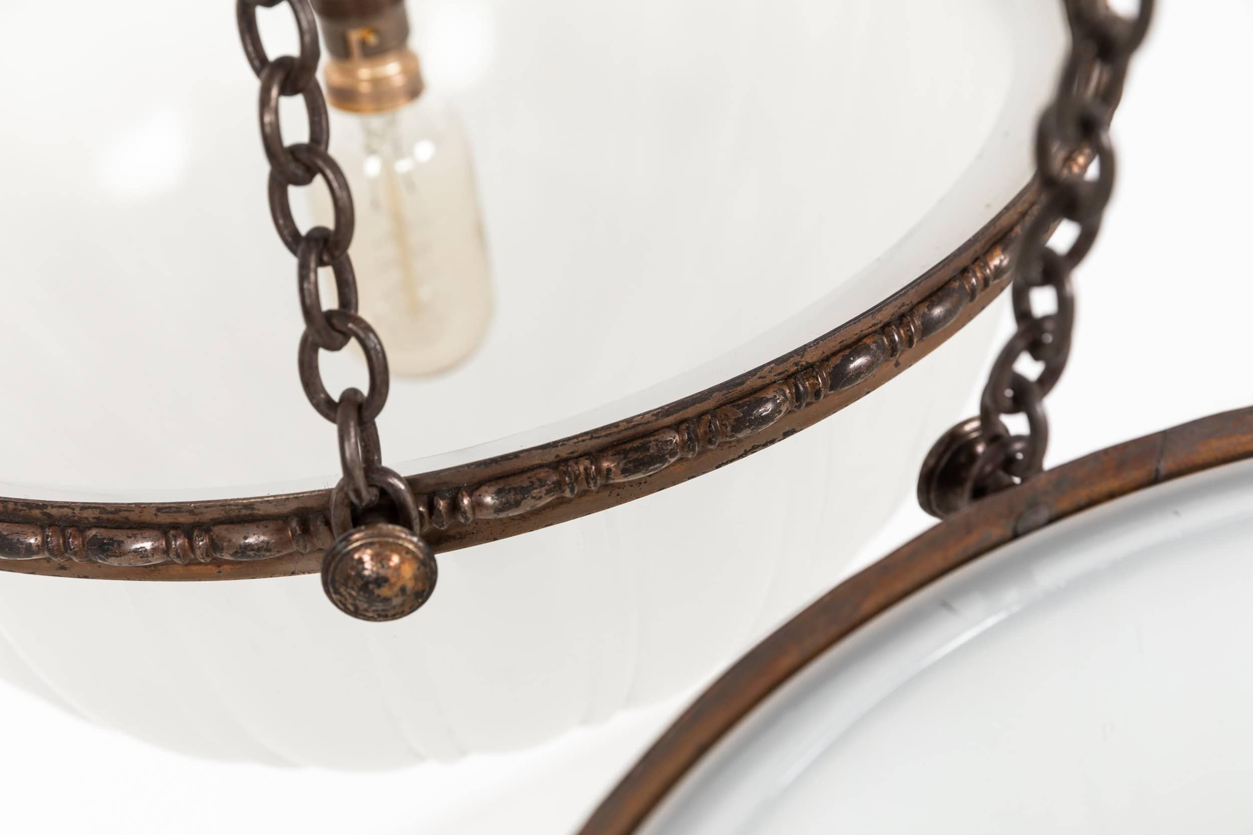 Brass Art Deco Jefferson 'Moonstone' Milk Glass Plafonnier Light Pendant, C.1920 For Sale