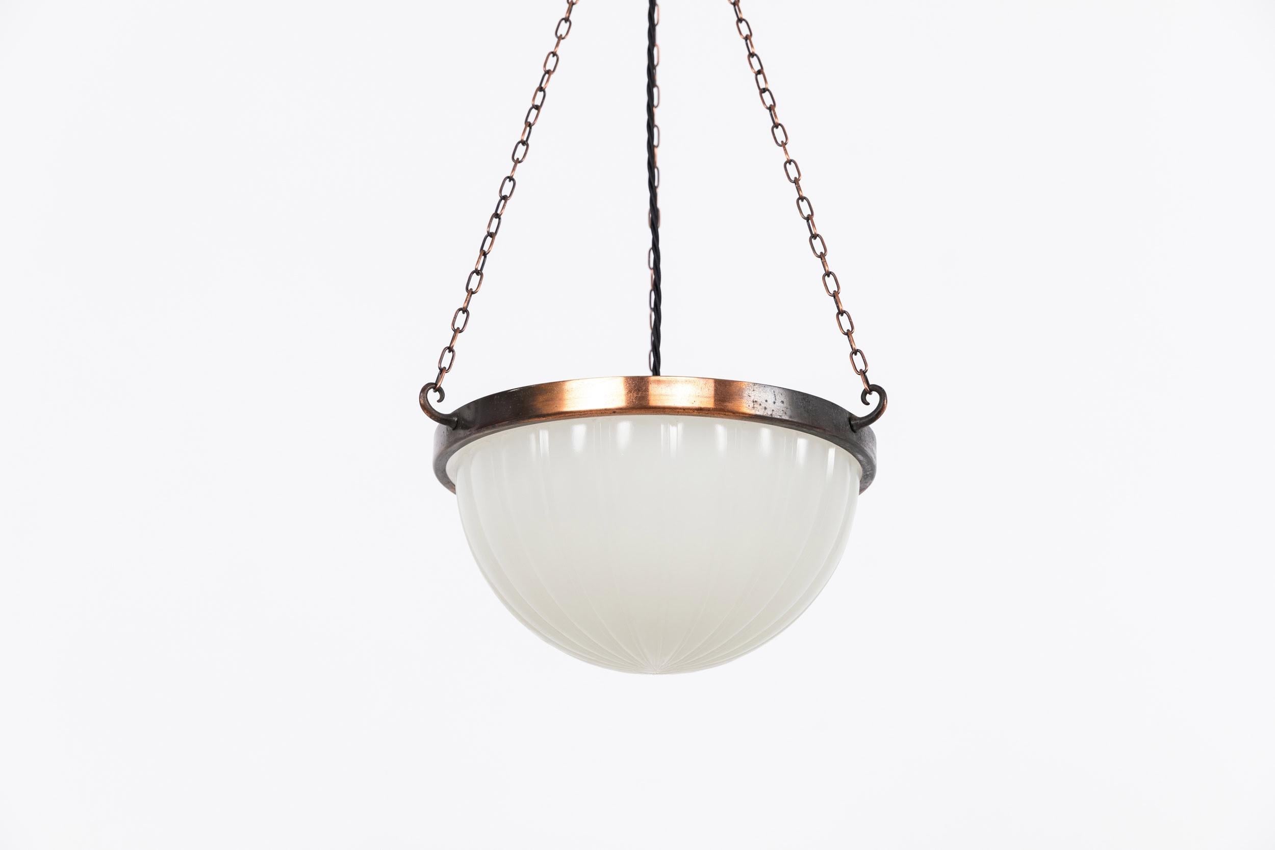 English Art Deco Jefferson 'Moonstone' Milk Glass Plafonnier Light Pendant, C.1930