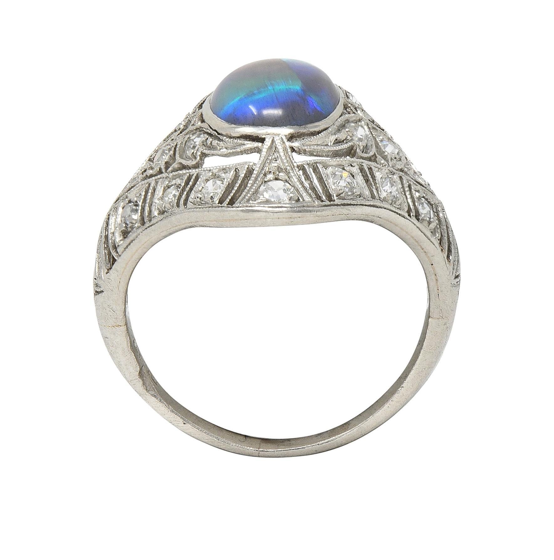 Filigraner Art Deco-Esstellerring, Jelly Opal Cabochon Diamant Platin Lotus Vintage im Angebot 4