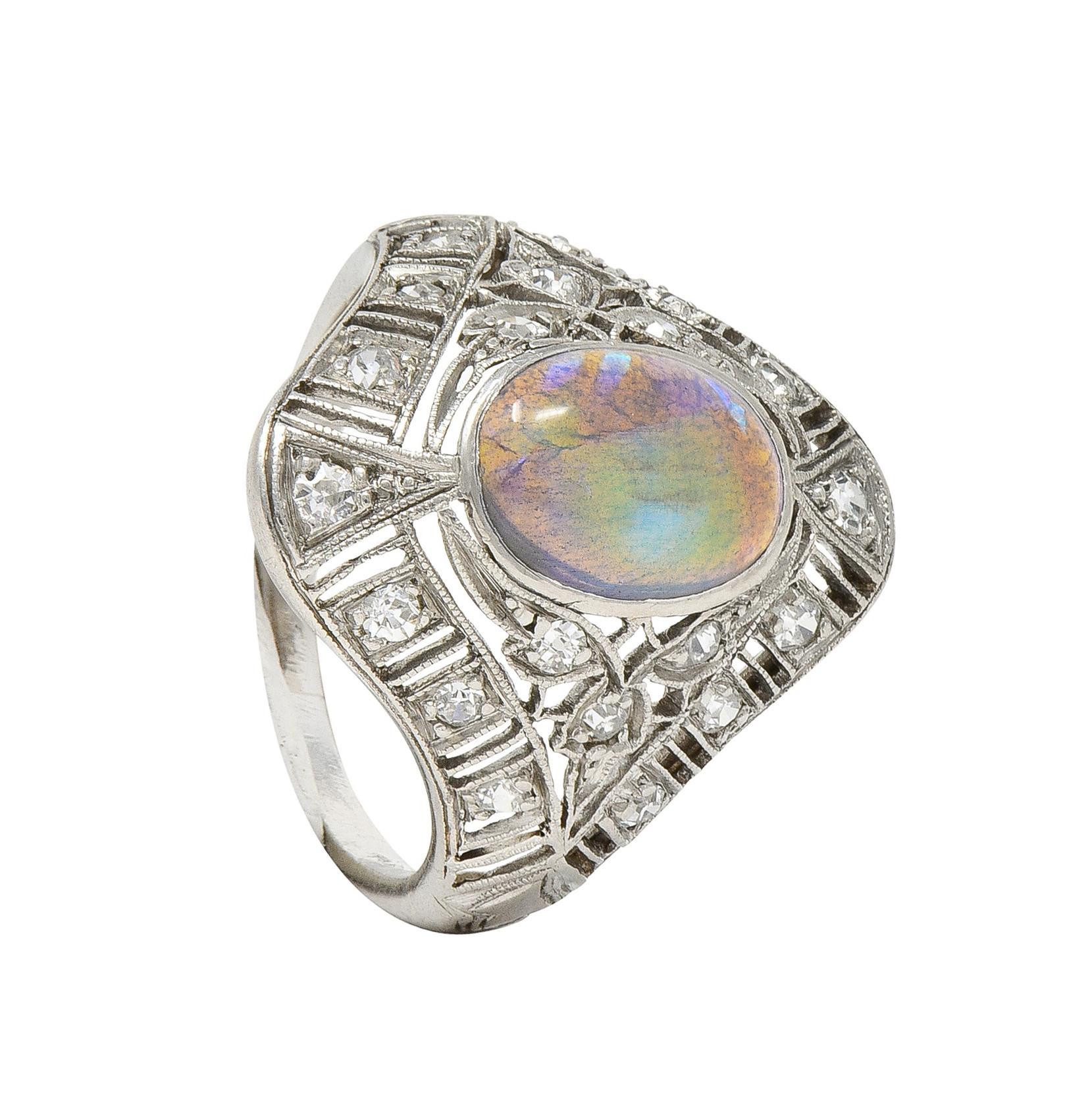 Art Deco Jelly Opal Cabochon Diamond Platinum Lotus Vintage Filigree Dinner Ring For Sale 6