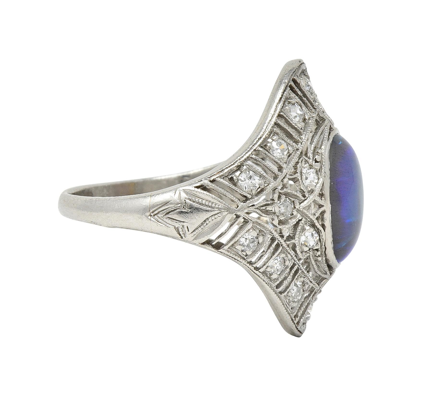 Single Cut Art Deco Jelly Opal Cabochon Diamond Platinum Lotus Vintage Filigree Dinner Ring For Sale