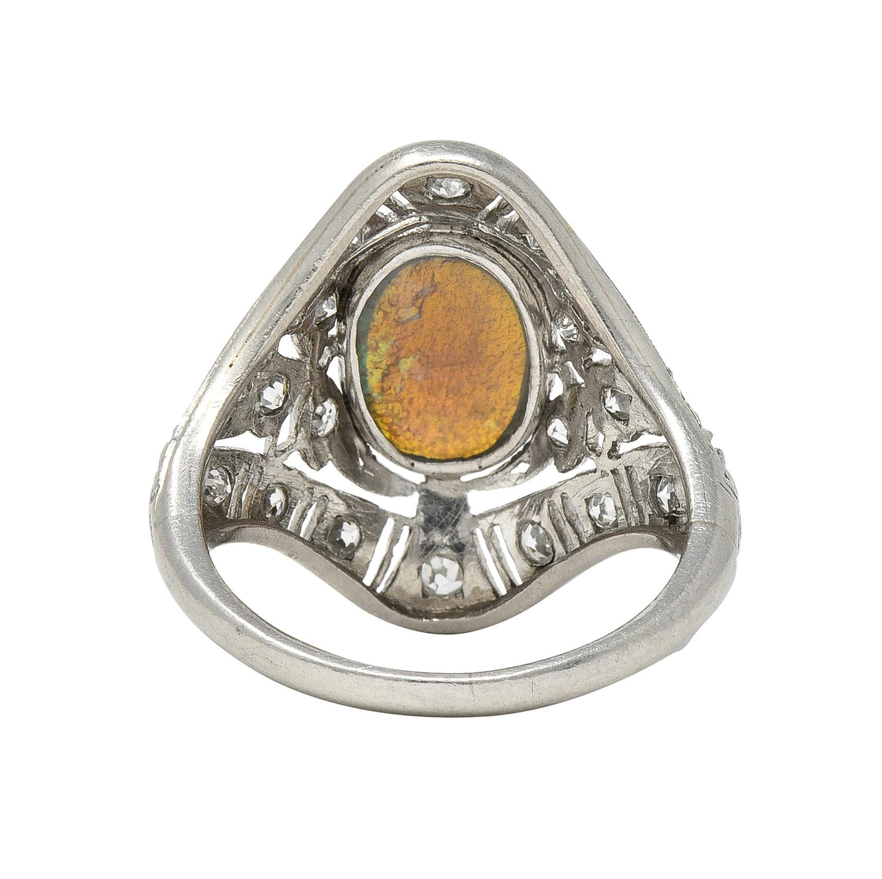 Art Deco Jelly Opal Cabochon Diamond Platinum Lotus Vintage Filigree Dinner Ring In Excellent Condition For Sale In Philadelphia, PA