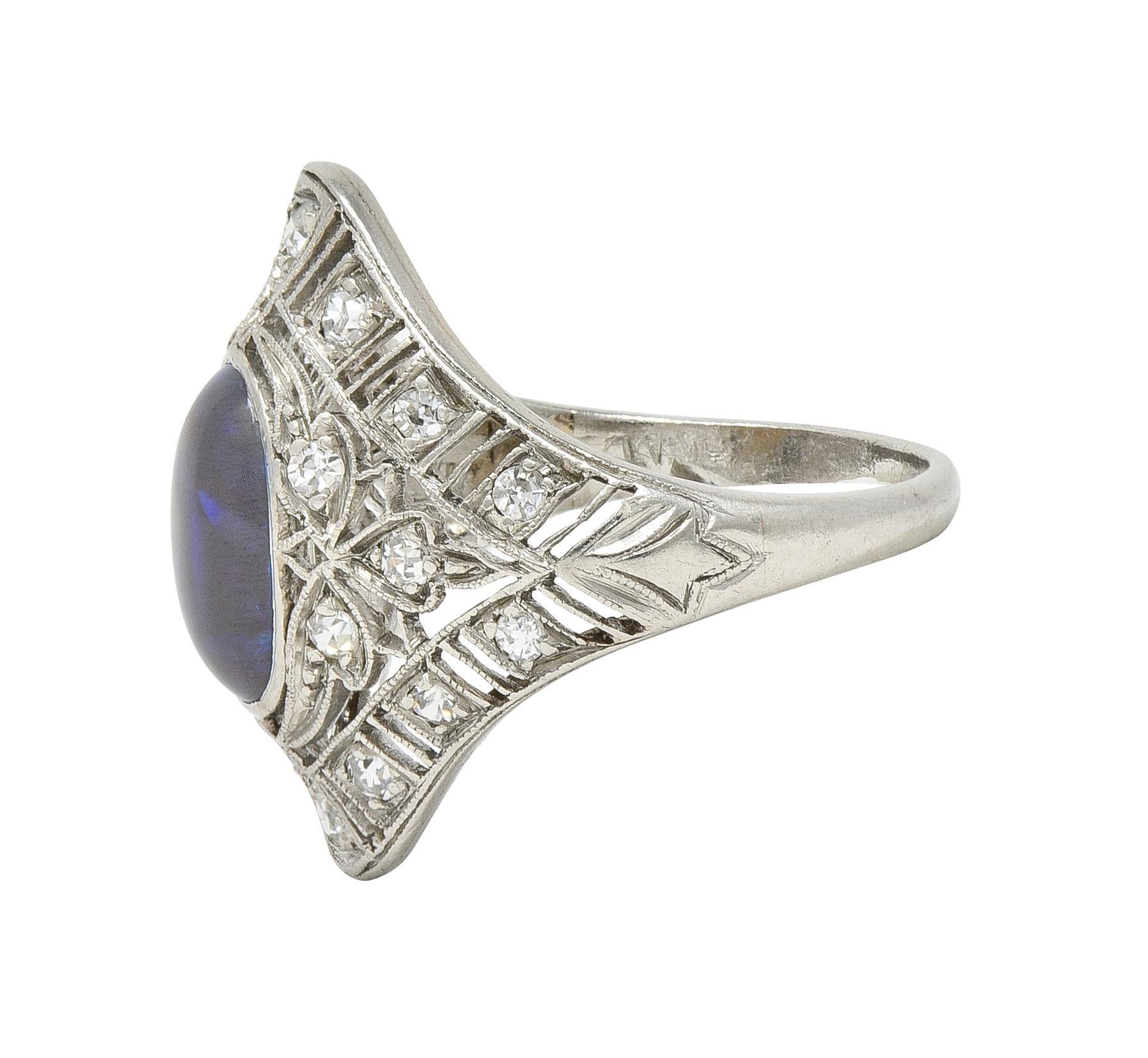 Women's or Men's Art Deco Jelly Opal Cabochon Diamond Platinum Lotus Vintage Filigree Dinner Ring For Sale