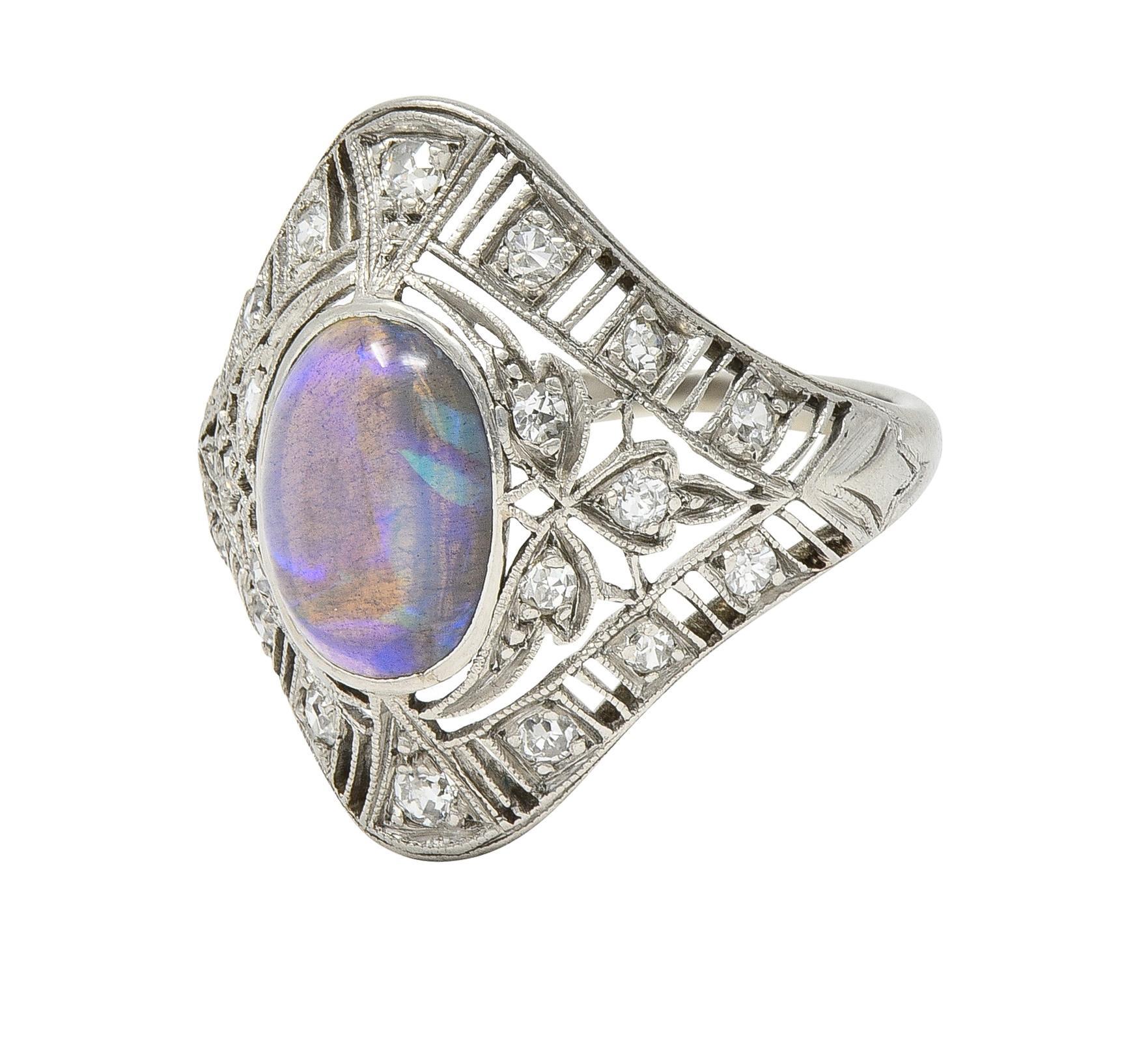 Art Deco Jelly Opal Cabochon Diamond Platinum Lotus Vintage Filigree Dinner Ring For Sale 1