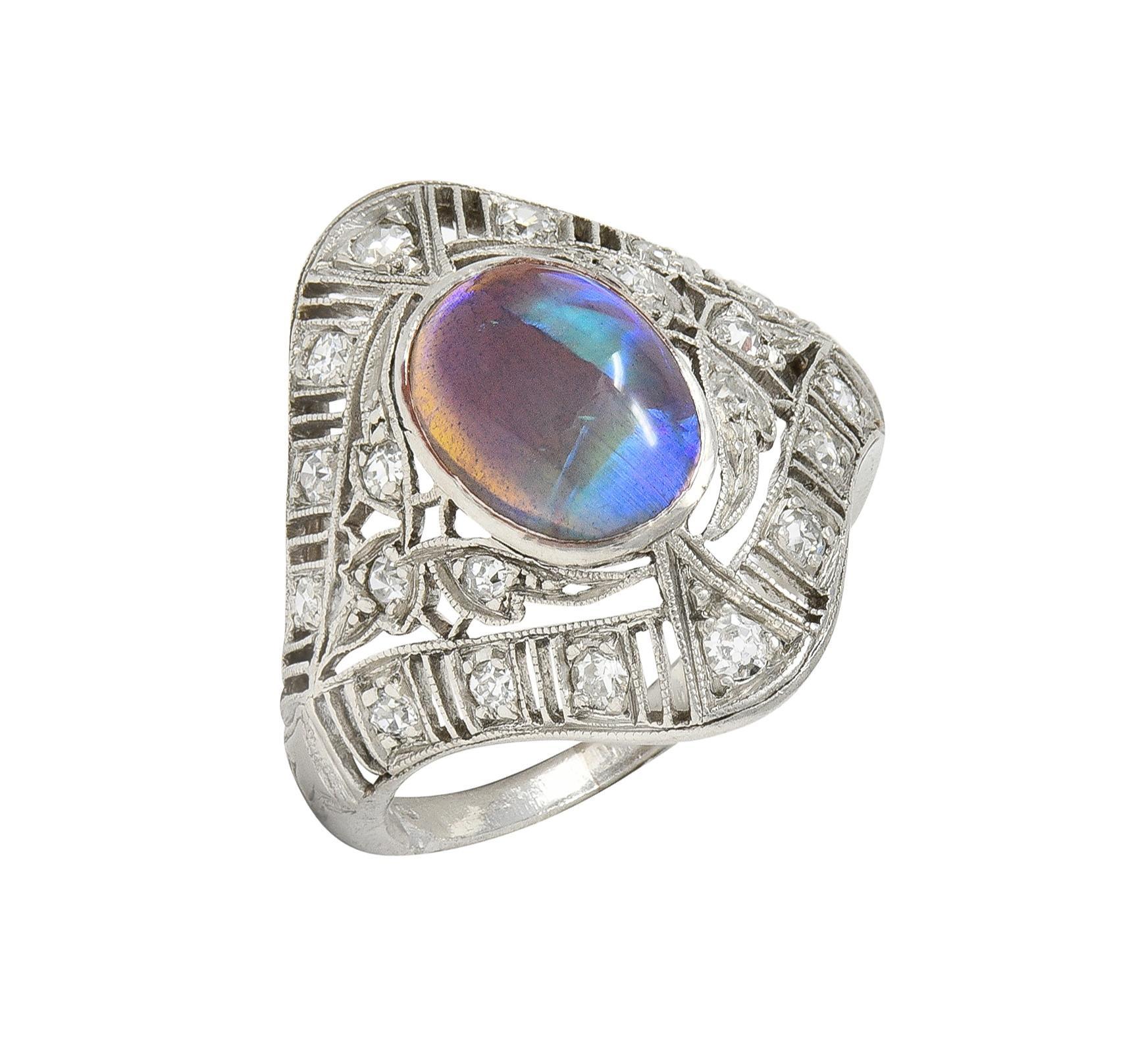 Art Deco Jelly Opal Cabochon Diamond Platinum Lotus Vintage Filigree Dinner Ring For Sale 2