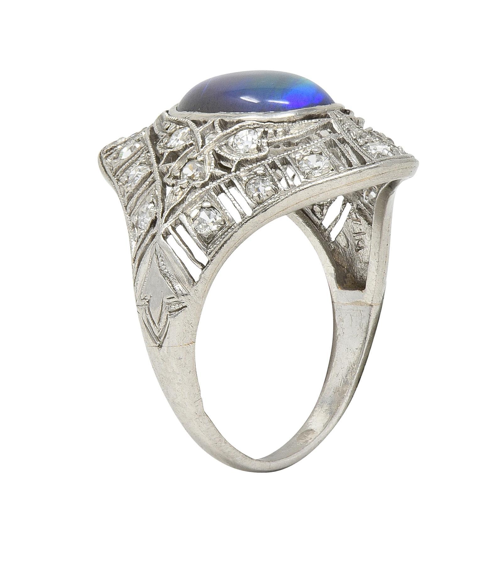 Art Deco Jelly Opal Cabochon Diamond Platinum Lotus Vintage Filigree Dinner Ring For Sale 3