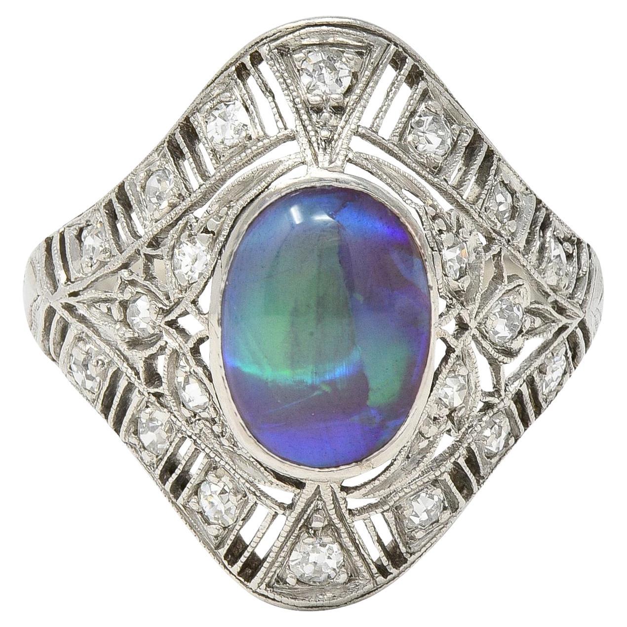 Art Deco Jelly Opal Cabochon Diamond Platinum Lotus Vintage Filigree Dinner Ring For Sale